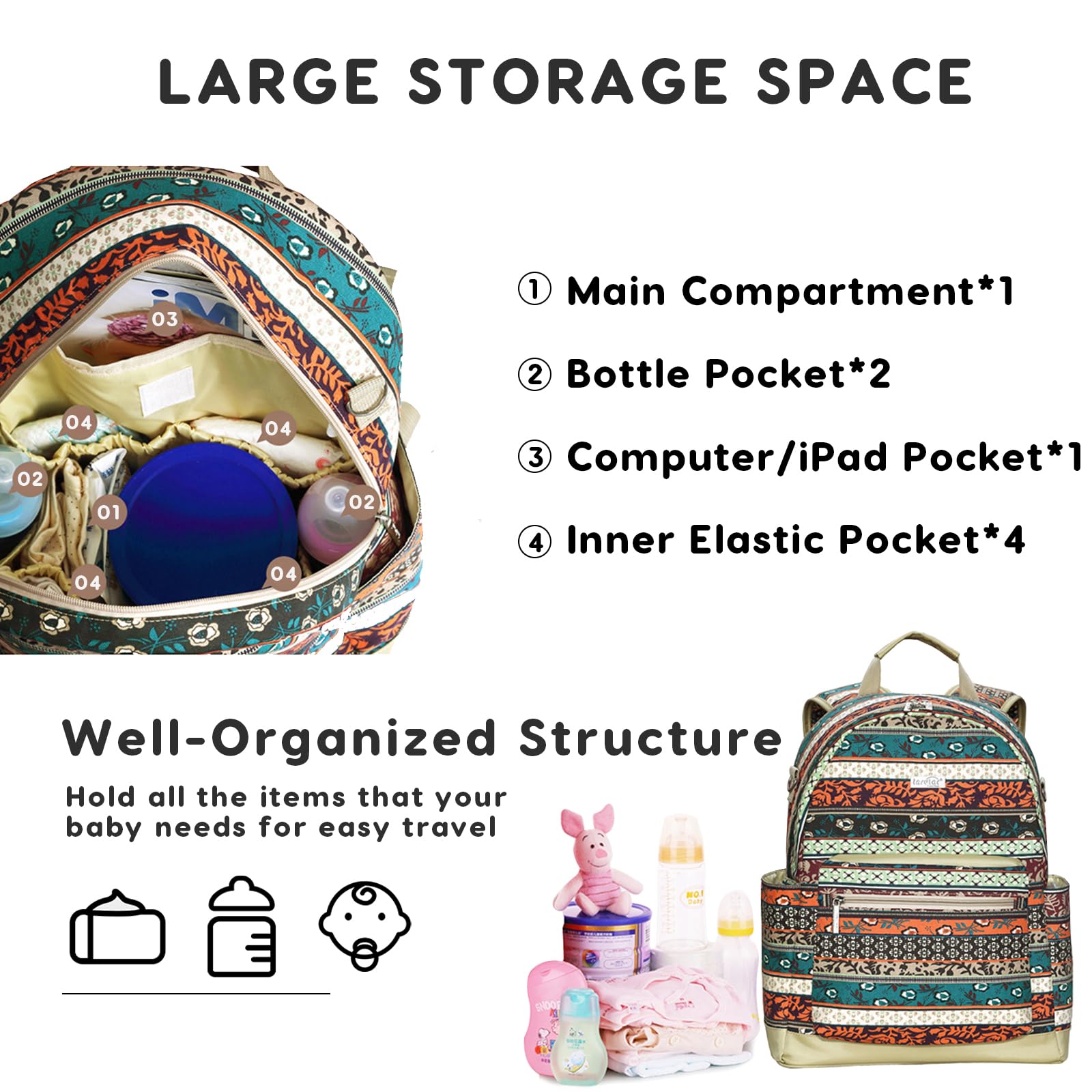 SONARIN Ethnic Style Baby Changing Bag Backpack,Large Capacity Multifunctional Diaper Bag Travel Nappy Changing Bag Maternity Bag with Changing Mat & Stroller Straps(Maya Red) - Image 4