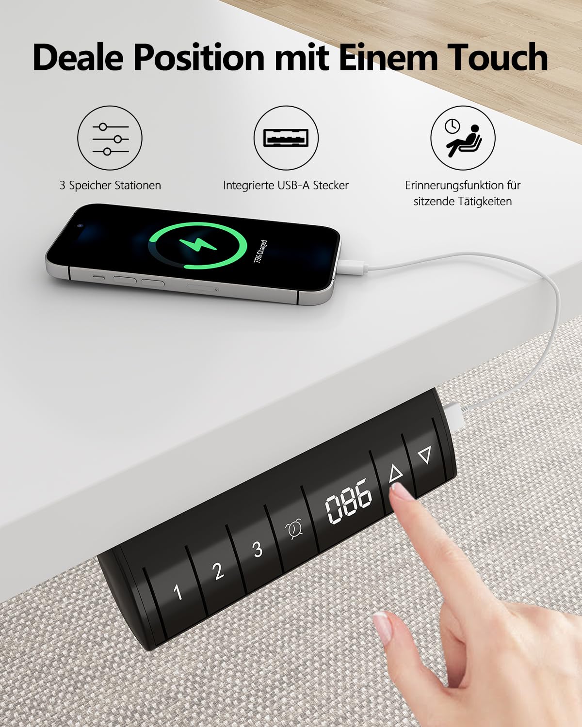Flamaker Höhenverstellbarer Schreibtisch 200 x 80 cm mit 18 mm Tischplatte | Elektrisch Höhenverstellbarer Bürotisch mit Memory-Funktion, Computertisch mit Kabelwannefür Büro und Homeoffice, Weiß