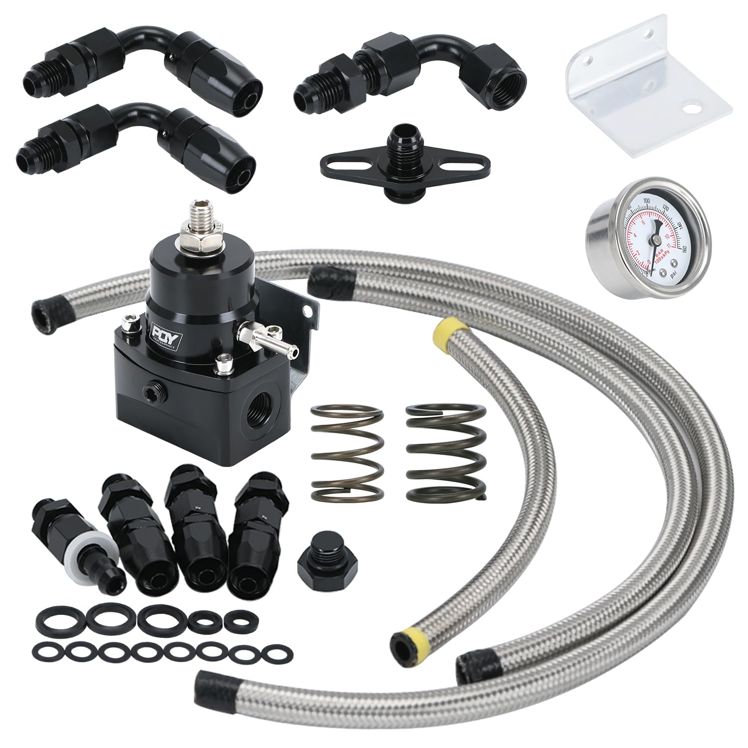 Photo 1 of PQY Adjustable Fuel Pressure Regulator Kit 3-70PSI With 6AN Return and 6AN feed Port with AN6-6AN Fuel Line Hoses Connectors (black)