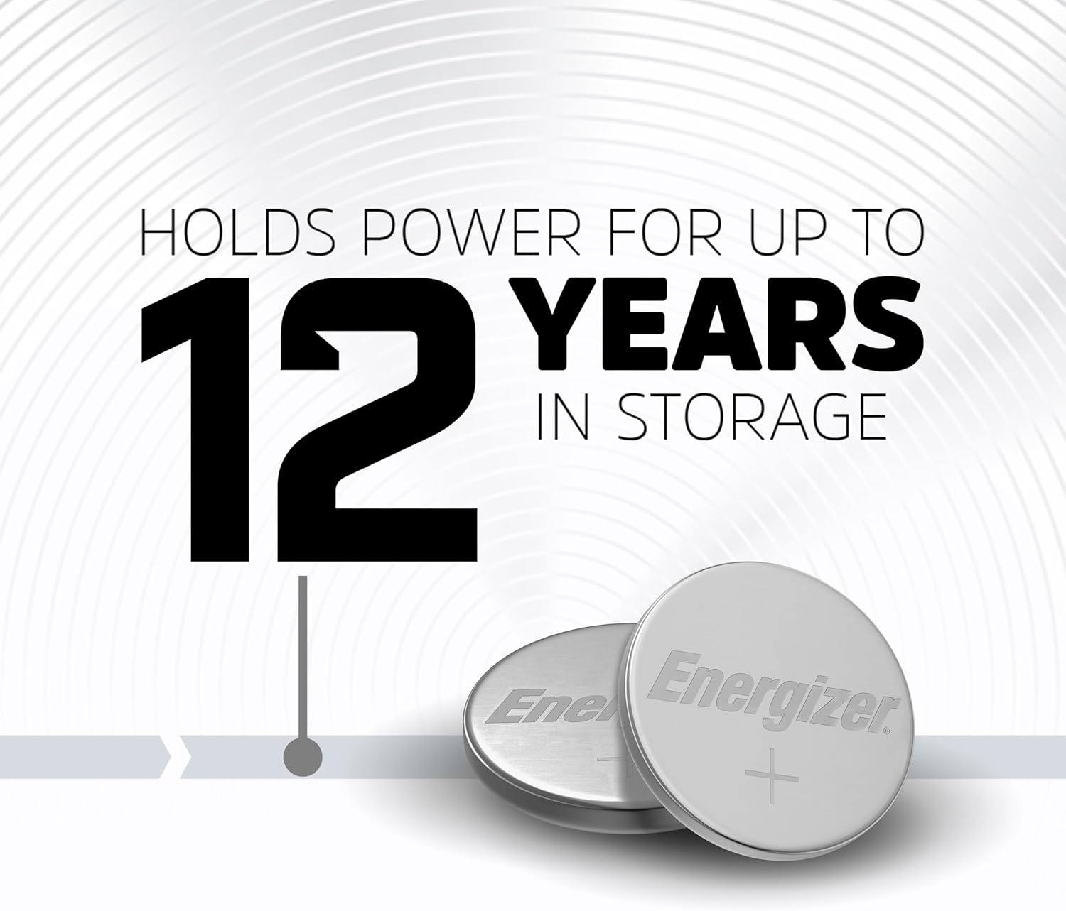 Graphic showing two Energizer coin batteries and text 'Holds Power for up to 12 Years in Storage'.