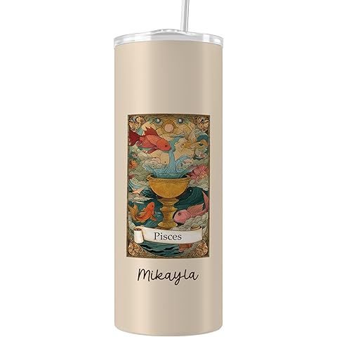 Custom Zodiac Tumbler 20oz Stainless Steel, Libra Gift, Astrology Coffee Tumbler Cup, Birthday Travel Mug for Capricorn Aquarius Pisces Aries Gemini Cancer Leo Virgo Scorpio Sagittarius (Pisces)