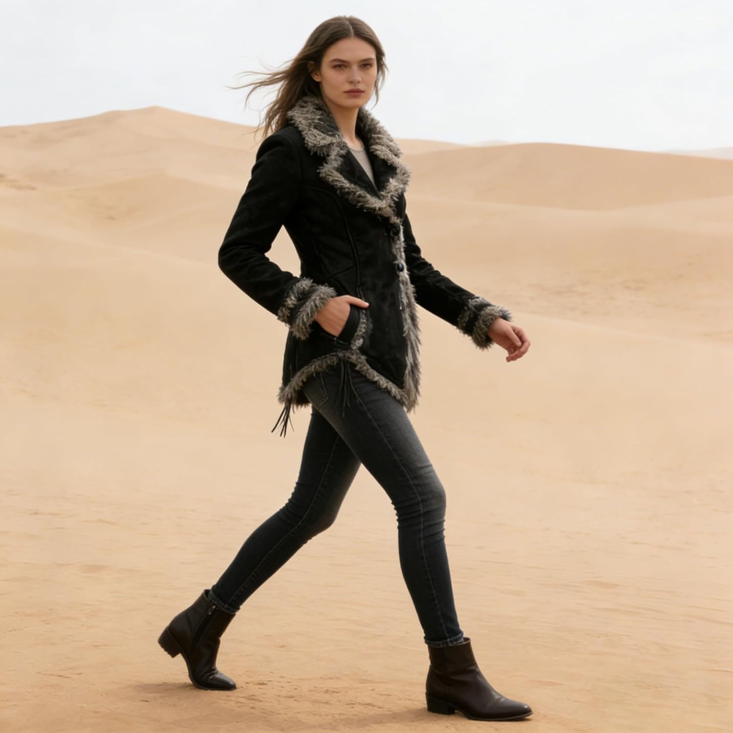 utcoco Women's Retro Suede Jacket with Faux Fur Lapel Collar Beggar Style Jacket for Women - Image 3