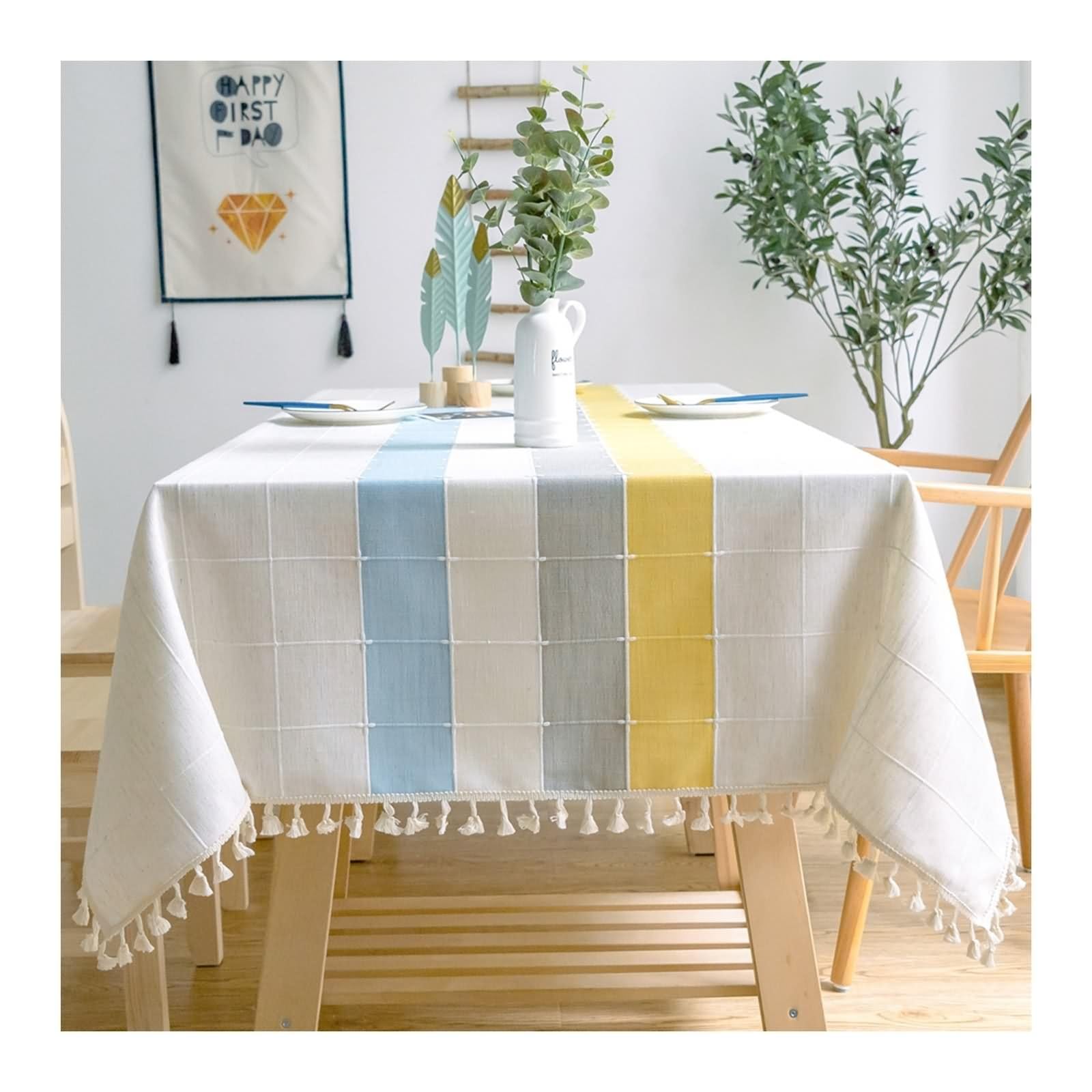 Aotiwe Side Table Cloths, Outdoor Coffee Table Cover Plaid with Tassel Picnic Tablecloth for Outdoors Blue Grey Yellow Coffee Table Cloth for Living Room Linen 24X24Inch