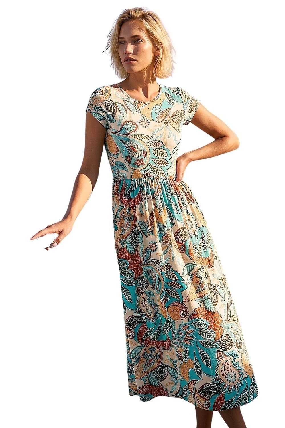 Roman Women's Paisley Print Short Sleeve Midi Dress in Light Blue | Size: 14