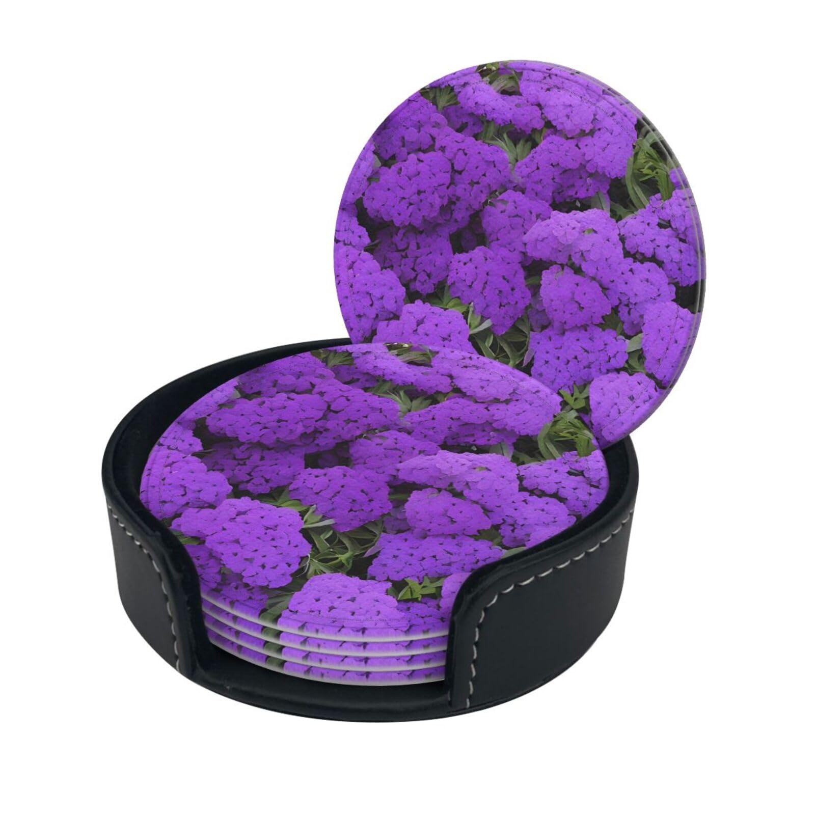 Dark Purple Texture Marble Print Coaster,Round Leather Coasters with Storage Box for Wine Mugs,Cold Drinks and Cups Tabletop Protection (6 Piece)