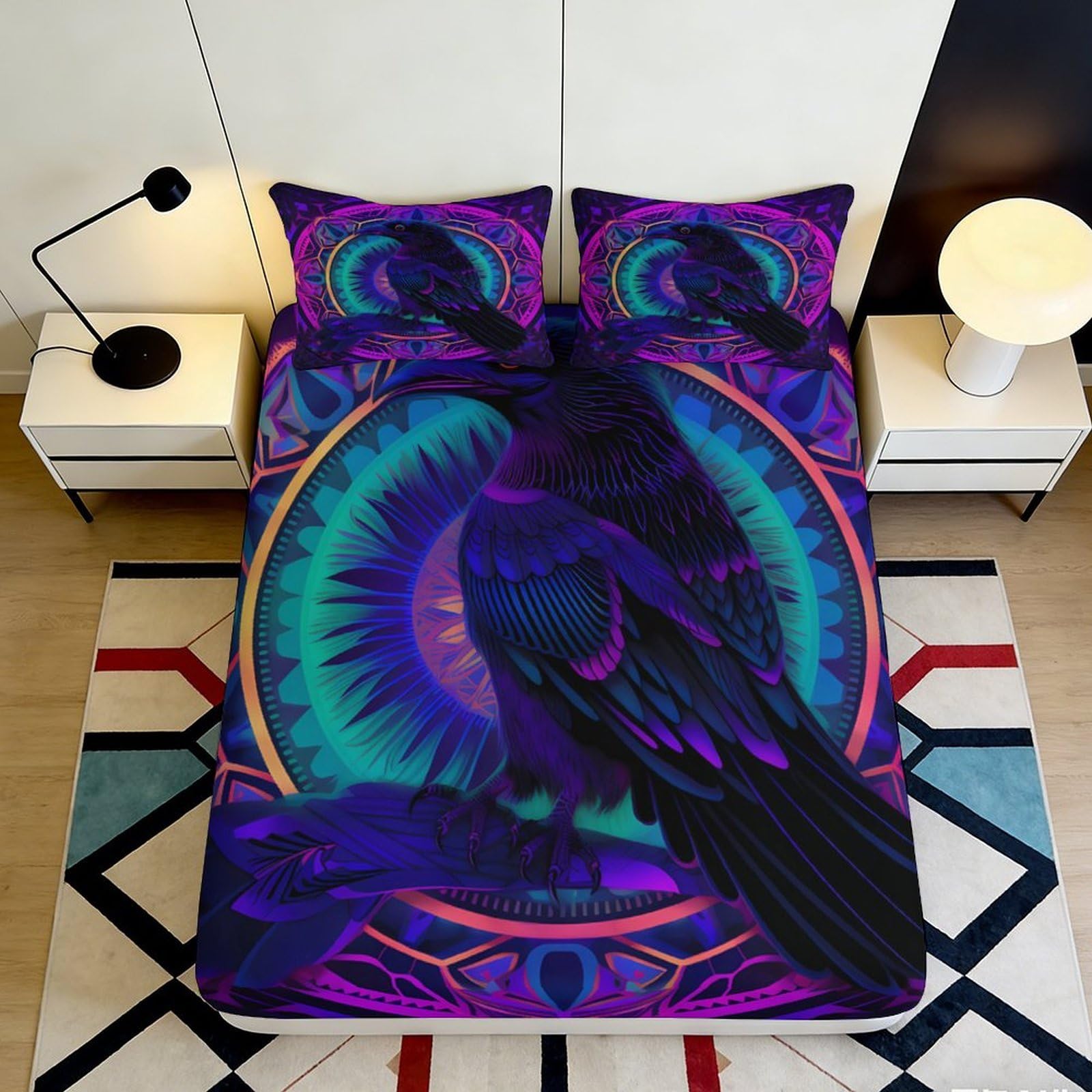 3D Printed Mystic Raven Fitted Sheet Microfiber Soft Vibrant Dreamcatcher Bed Cover for Bedroom Dorm Decorative 90x200x25cm