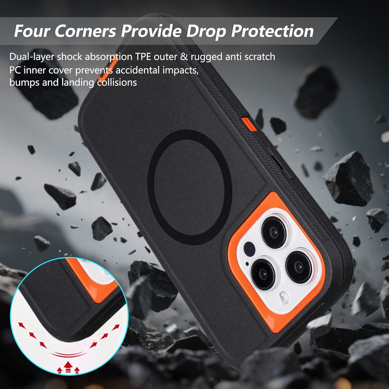 for iPhone 15 Pro Max Case with Belt Clip Holster, Compatible with MagSafe, 3-Layer Shockproof Anti-Drop Full Body Protective Case, Heavy Duty Rugged Defender Cover for iPhone 15 Pro Max, Black+Orange