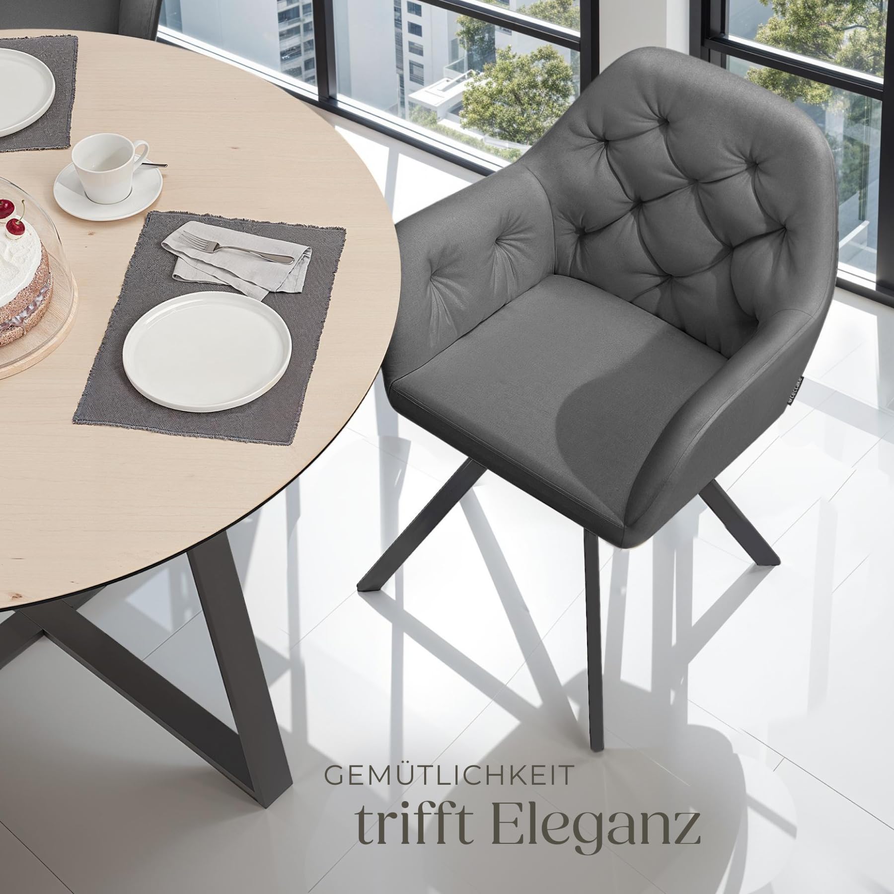 tectake® Esszimmerstuhl drehbar mit Armlehne, Samtstoff Drehstuhl ergonomisch, Möbel für Wohnzimmer, Stühle für Dining Lounge, Office, als Schminkstuhl oder Schreibtischstuhl - anthrazit