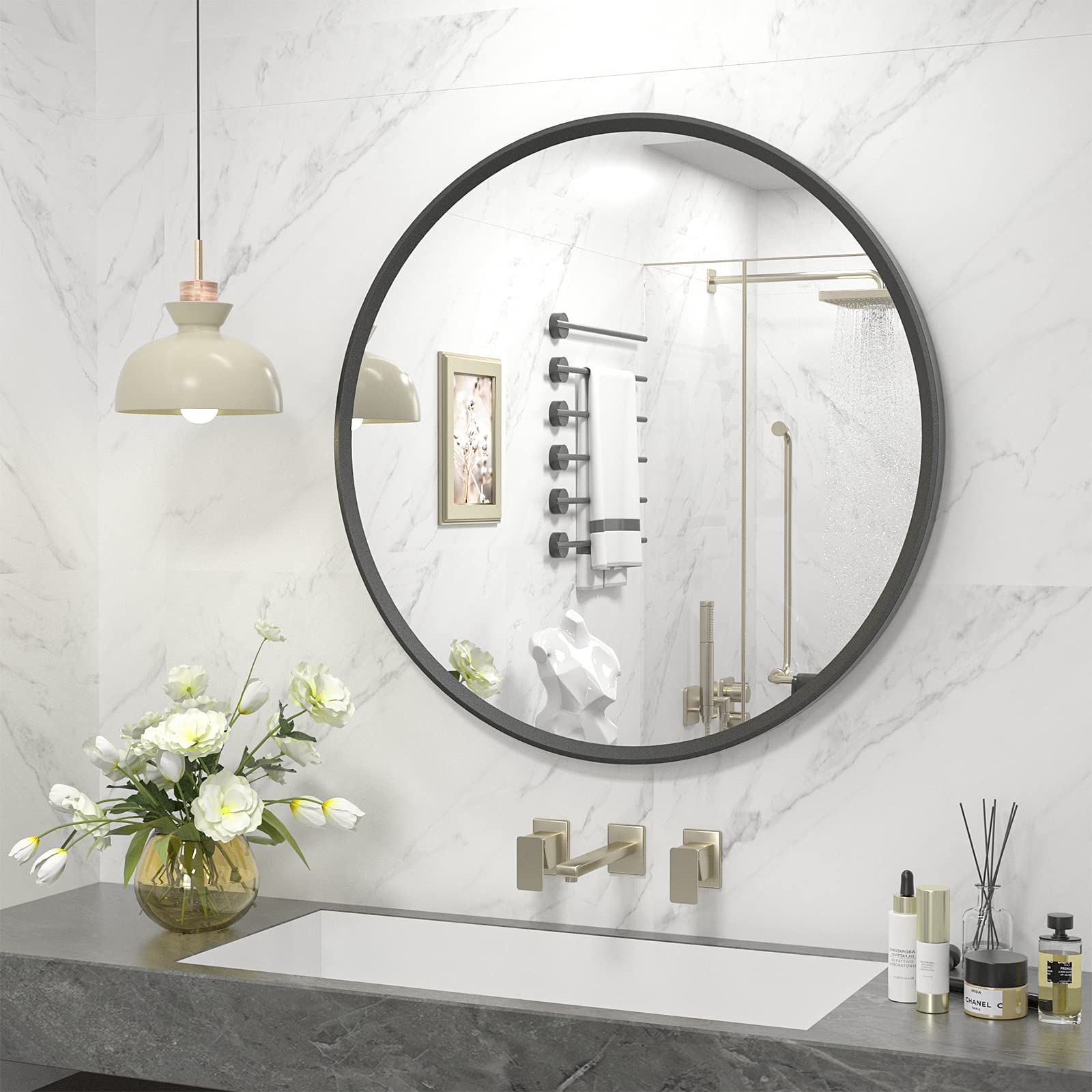 Amazon.com: GOLOMO Black Round Mirror 24 Inch, Black Round Wall Mirror ...