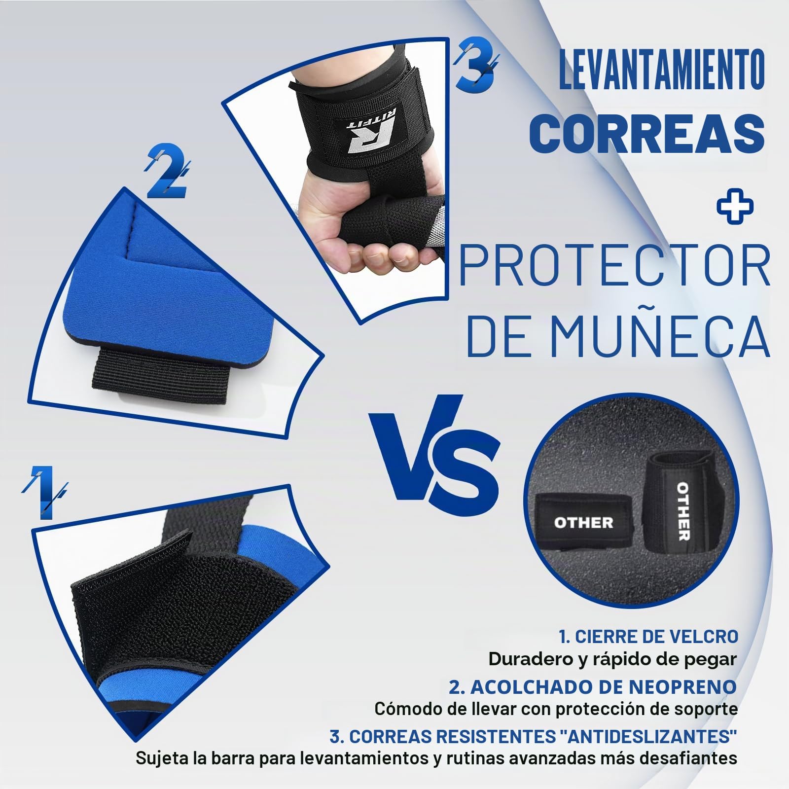 RitFit Correas de levantamiento + protector de muñeca para levantamiento de pesas, culturismo, MMA, levantamiento de potencia, entrenamiento de fuerza ~ hombres y mujeres