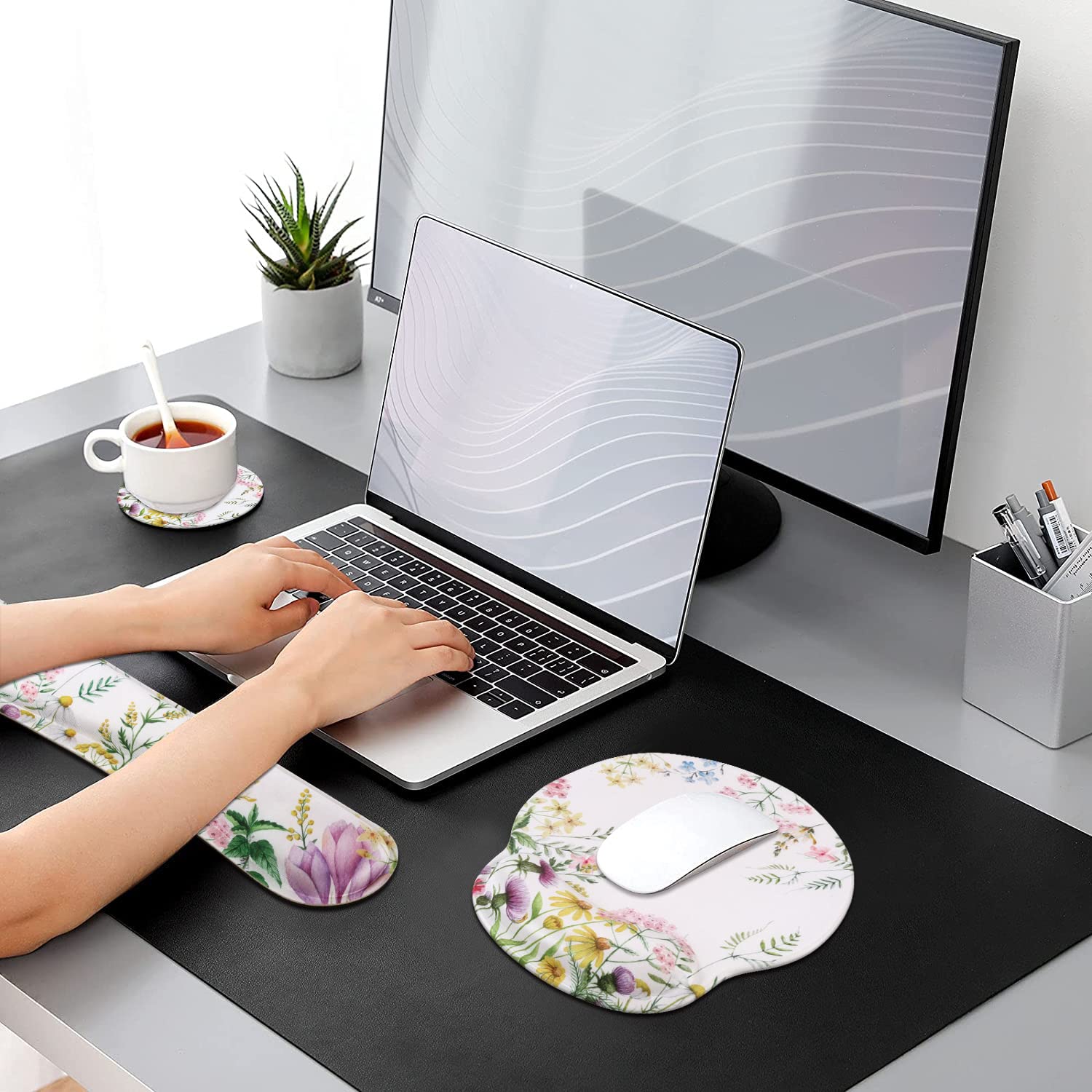 iLeadon Alfombrilla de mouse con soporte para muñeca, reposamuñecas para teclado, alfombrilla ergonómica con base antideslizante para computadora, laptop, oficina en casa + posavasos, alfombrilla de