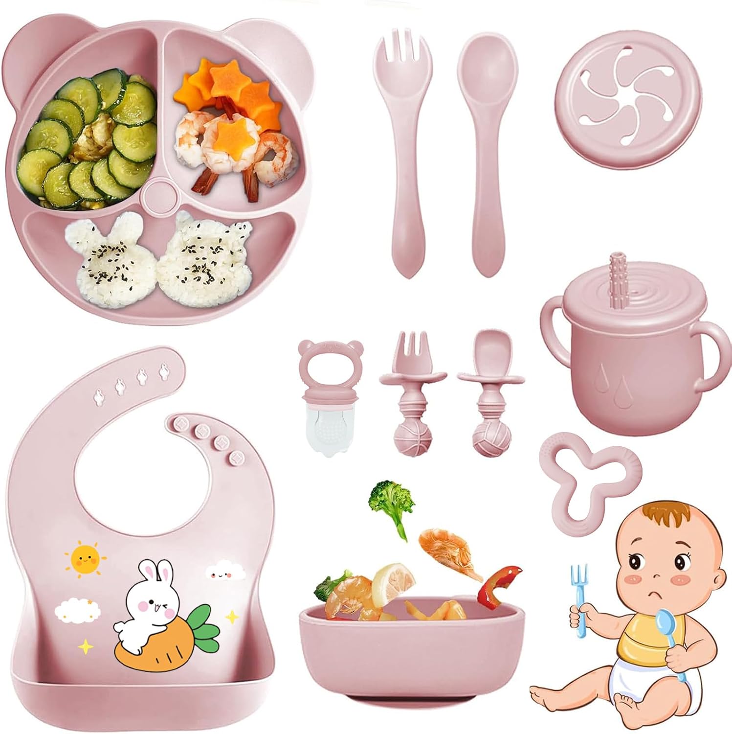 Vajilla Bebe Silicona, 11 Piezas Vajilla de Silicona para Bebés Antideslizante, Con Plato Cuenco Babero Taza, Cubiertos Bebe para comer destete, Sin BPA (Rosa claro)