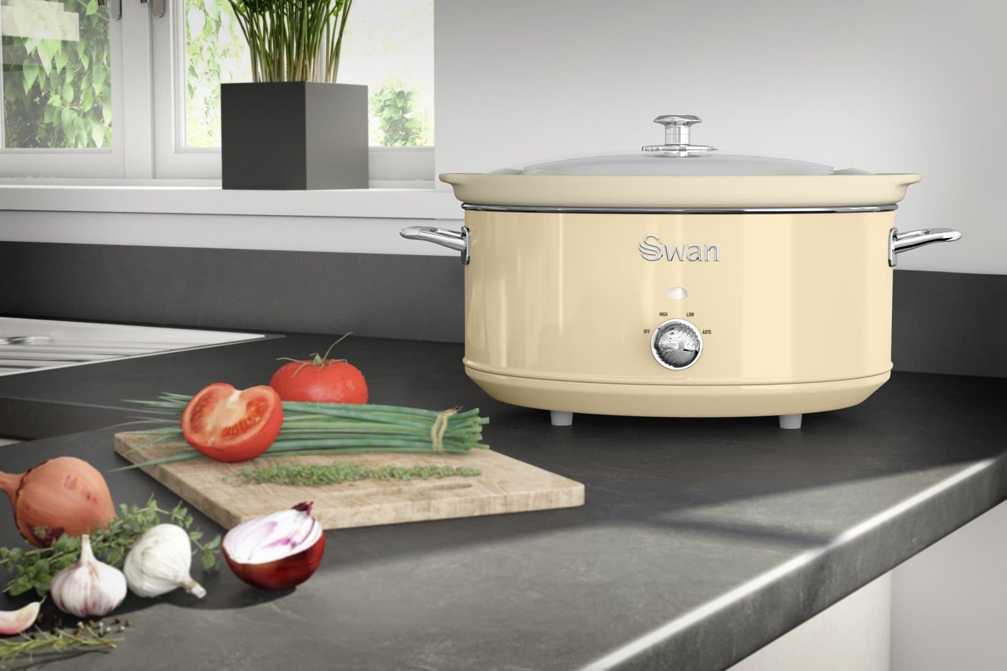 Swan Retro SF17031CN Olla Cocción Lenta 6,5L Recipiente Extraíble, Antiadherente Cerámica libre PFOA y PTFE, 3 Niveles Temperatura, Tapa Vidrio, Slow Cooker, Diseño Vintage, Crema, 320W