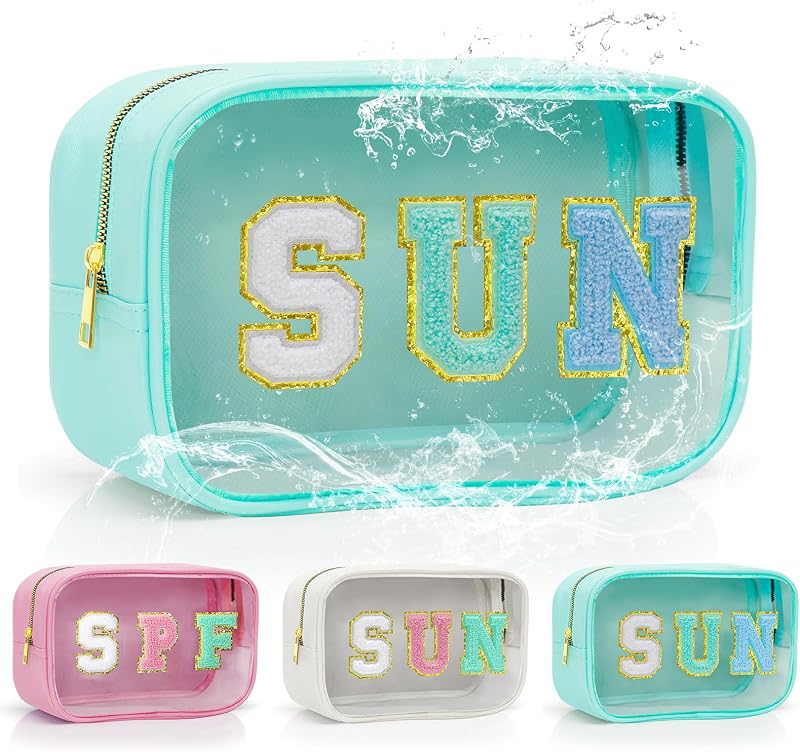 Necessaire transparente Kcjdd com zíper, PVC transparente, alça e patches SUN, Blue-SUN, Pacote com 1