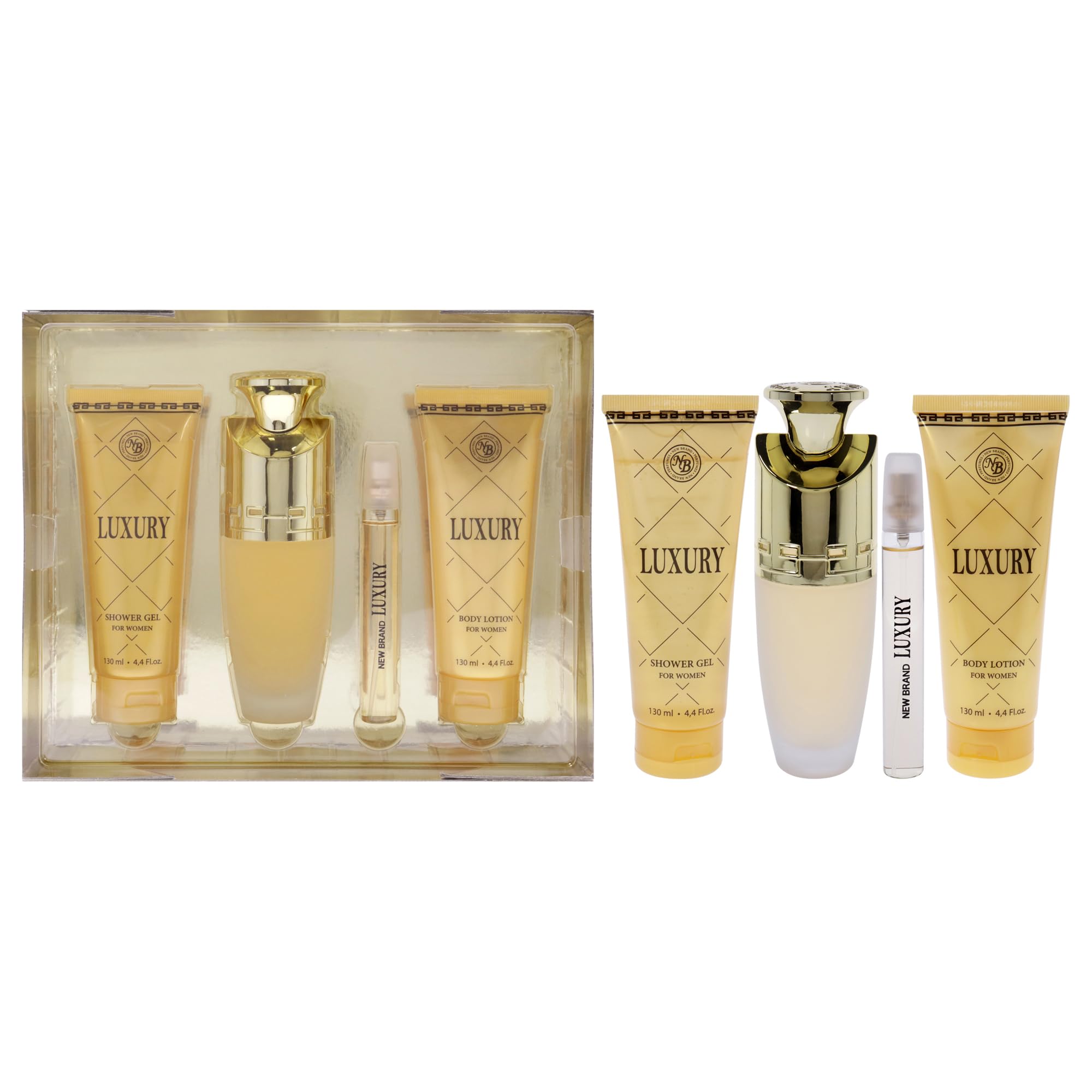 Luxury by New Brand for Women - 4 Pc Gift Set 3.3oz EDP Spray, 4.4oz Shower Gel, 4.4oz Body Lotion, 0.5oz EDP Spray