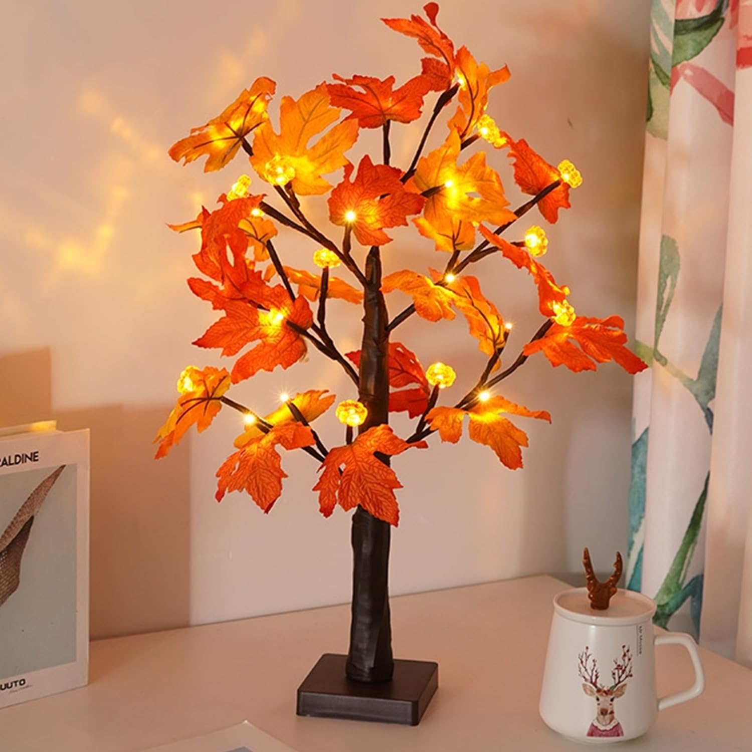 Reusable LED Artificial Tree Lamp Fall Maple Leaves Light up Tree with Cute Pumpkin Decor 3xAA Battery Powered Fall Table Decorations Light for Wedding Halloween Thanksgiving Christmas Party,23.6''