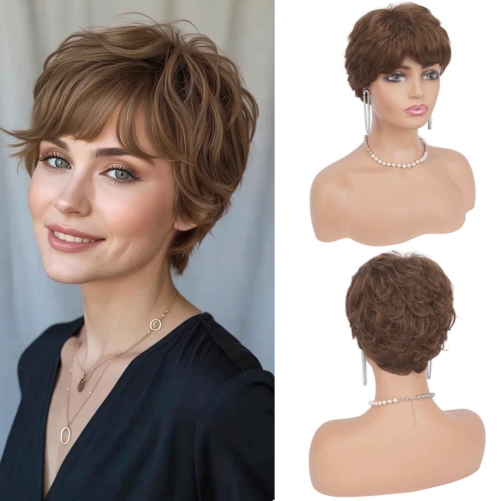Photo 1 of Haloo Brown Pixie Wig for Women - Short Natural Layered Haircut Synthetic Heat Resistant Hair Wigs for Daily Costume, Medium Brown