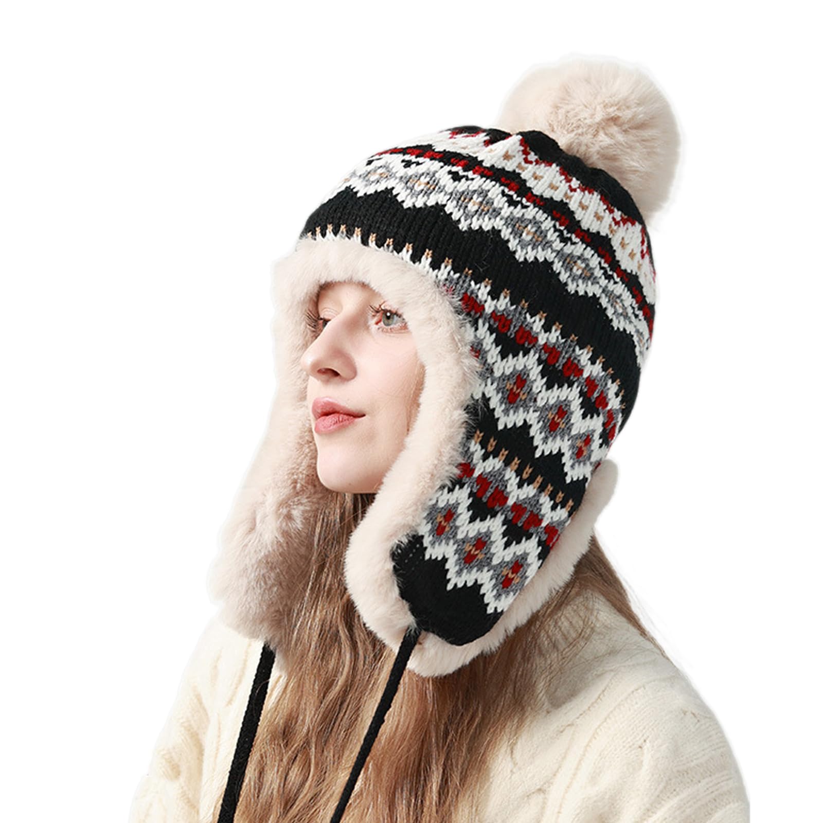 Damen Winter Strickmütze mit Ohrenklappen Winddichte Fleece Gefüttert Trappermütze Thermo Dicke Skimütze mit Ohrenschützer Wintermütze mits Kunstpelz Bommel Kinnriemen Wintermütze für im Freien
