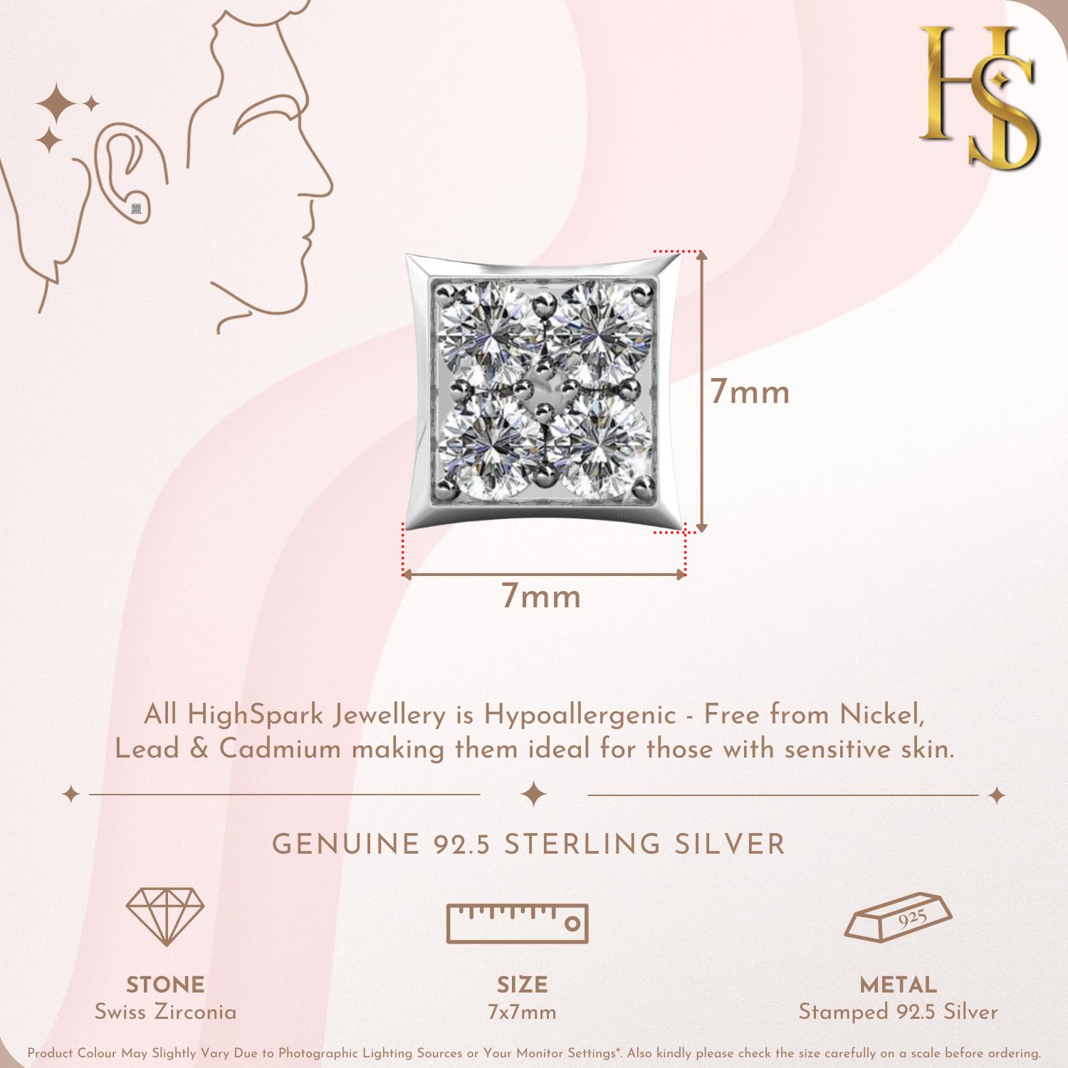 925 Sterling Square Solitaire Earring with Zirconia Single Stud