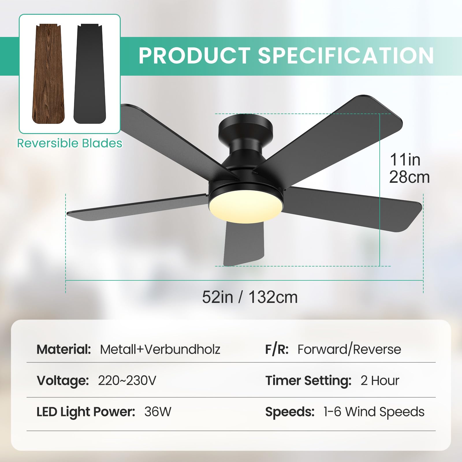 Ventilador de Techo con Luz y Mando a Distancia, 132cm | Lámpara Ventilador con App, Motor DC Silencioso, Luz LED 36W Regulable, 6 Velocidades, Reversible, para Dormitorio y Salón