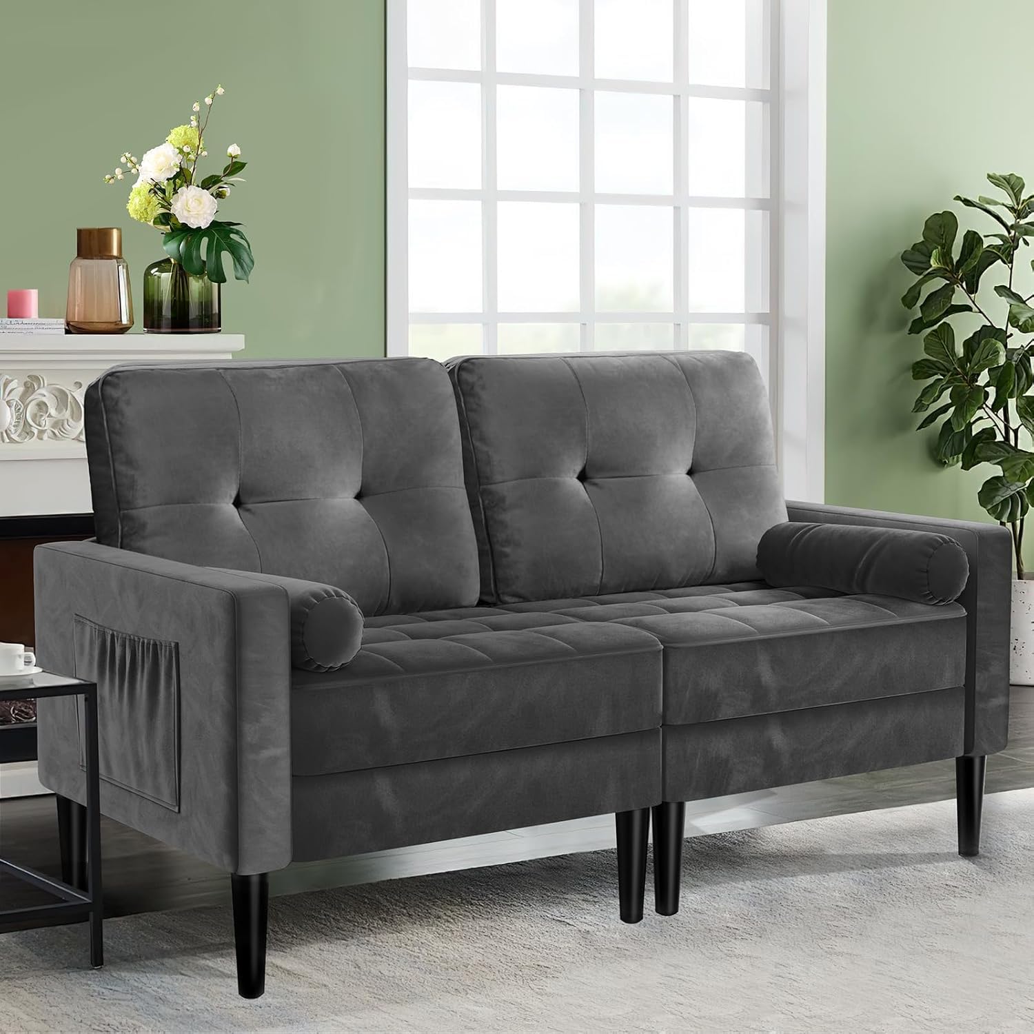 Sofá 2 Plazas, Cojín Cómodo, 2 Almohadas (Gris sólido) | Sofá Moderno de Terciopelo con 2 Almohadas y Bolsillos Laterales para Salón, Apartamento y Dormitorio, Fácil de Montar