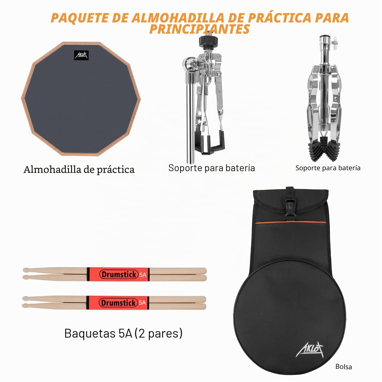 Pad practica bateria AKLOT pad allenamento batteria silicona 12"para adultos con soporte de caja doble cara baquetas bolsa