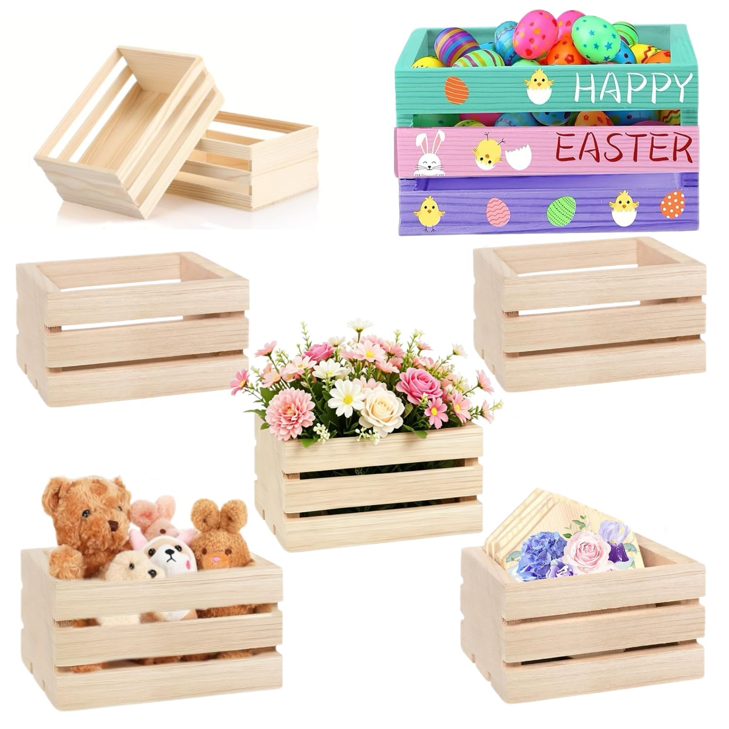 XQLY 5 Pack Mini Rustic Wooden Baskets - Decorative Wood Crates Nesting Storage Container & Organization, Compact Wooden Crates for Kitchen, Bedroom, Office, Home Decor, Nursery & Gifting