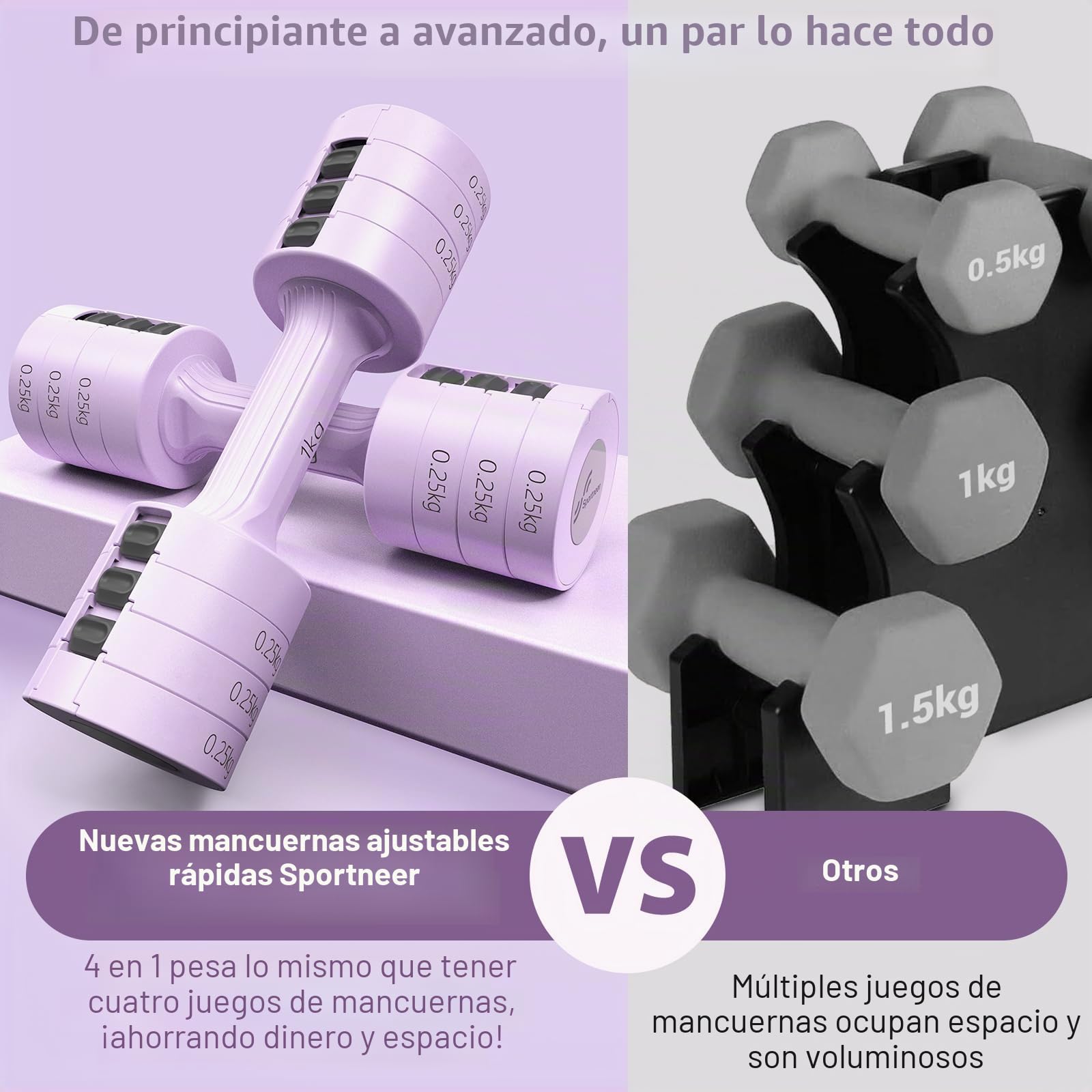 Sportneer Juego de mancuernas ajustables: cada una de 1 kg/1,5 kg/2 kg/2,5 kg (2 kg a 5 kg por par), juego de mancuernas 4 en 1 para mujer, pesas para mujer, par de mancuernas ajustables para gimnasio