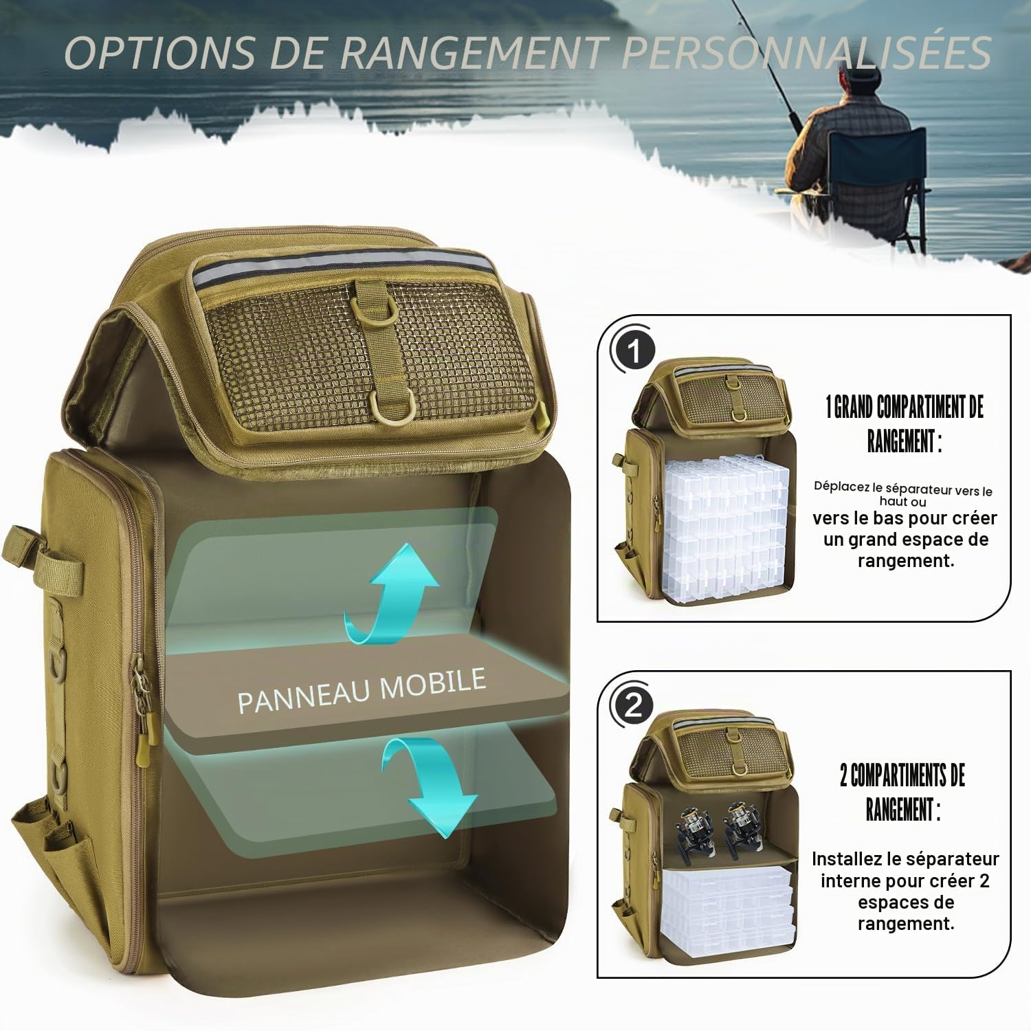 Sac à Dos de Pêche avec Porte-Canne 45L Large Résistant à l'eau Sac de Rangement pour Accessoires de Pêche pour la Randonnée, Camping, Trekking, Sport de Plein Air