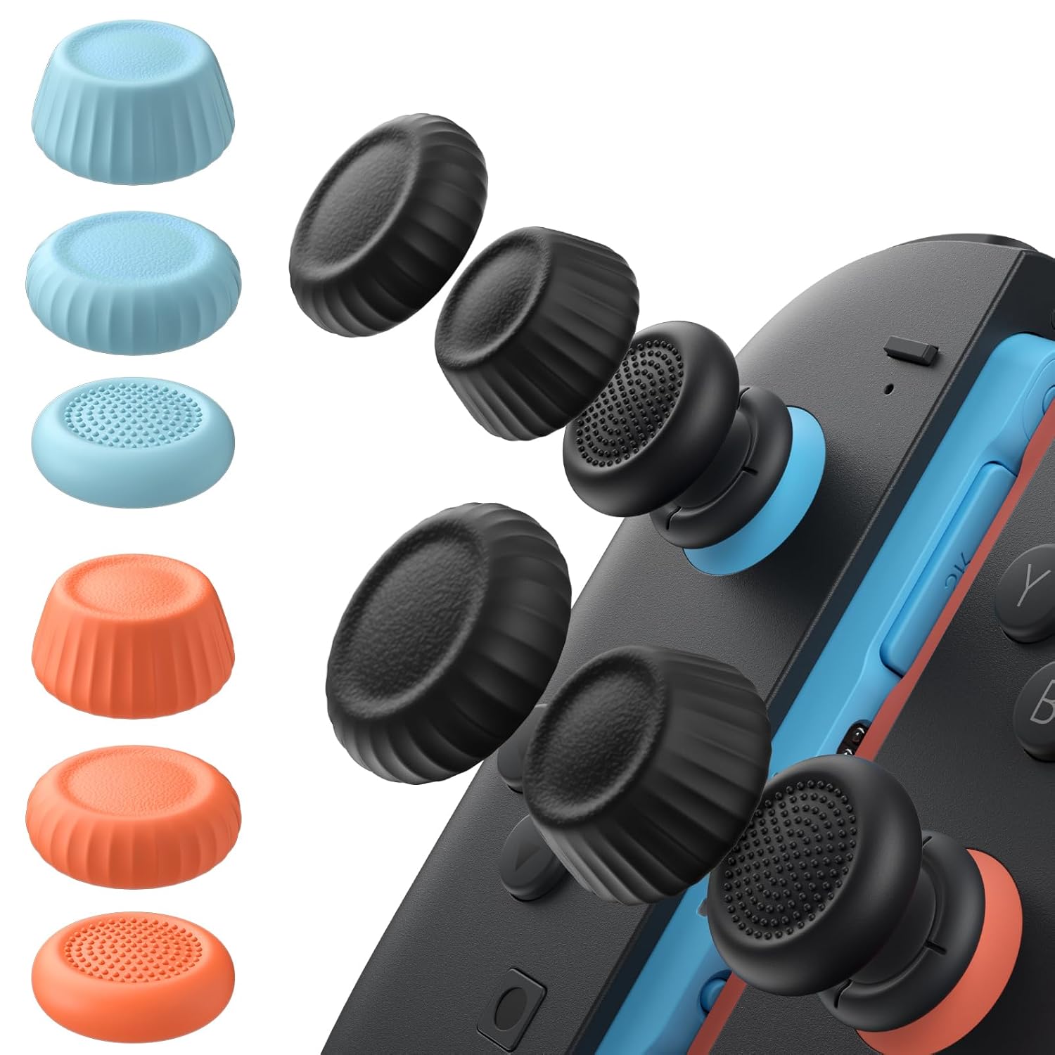JSAUX Thumb Grips for Nintendo Switch 2 (2025), Switch Thumb Grip Caps, Ergonomic Design, Enhanced Grip, Comfortable & Durable, Joycon Grip Button Stick Cover - Black, Blue and Orange, 6Pairs(12pcs)