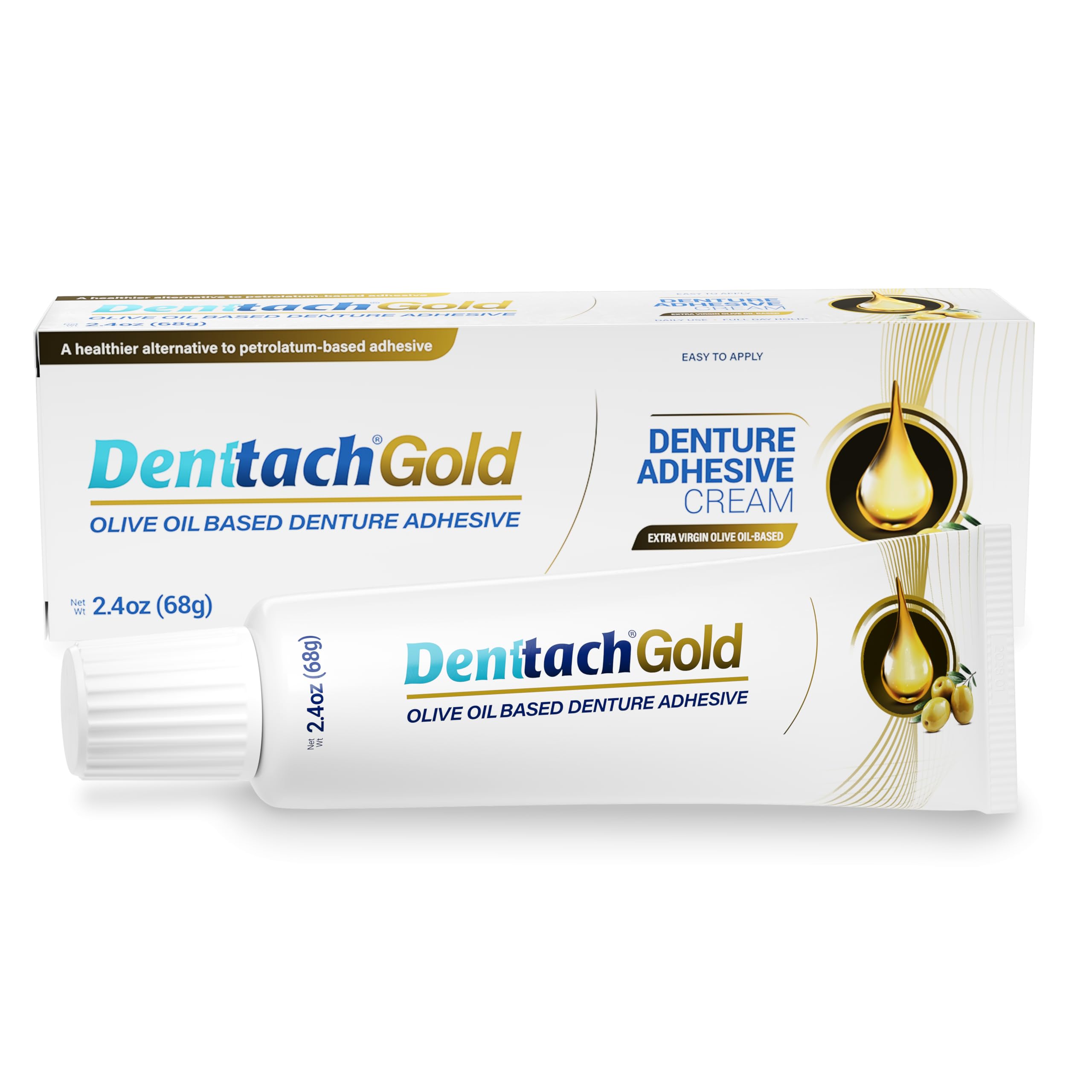 Denttach Gold Denture Adhesive, Petroleum Free Olive Oil Based Premium Denture Adhesive Cream for Full and Partial Dentures, All Day Secure Hold Denture Glue, Zinc Free, 2.4 Ounce