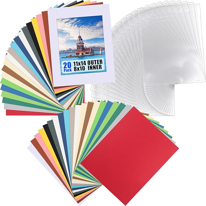 Tenceur 20 Sets Picture Mats 11 x 14 Inch Mat for 8 x 10 Photo Mat Mixed Colored