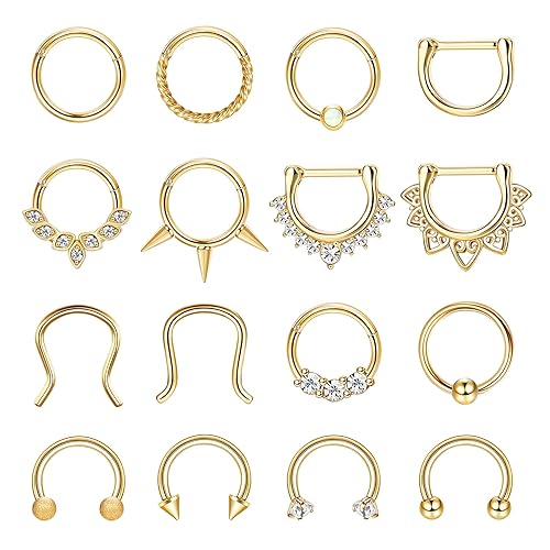 SAILIMUE 16PCS 16G Septum Rings Septum Jewelry Stainless Steel Septum Clicker Nose Rings Hoops for Women Men Horseshoe Daith Helix Tragus Cartilage Earrings Piercing Jewelry Gold Silver Black Tone 8MM - Gold