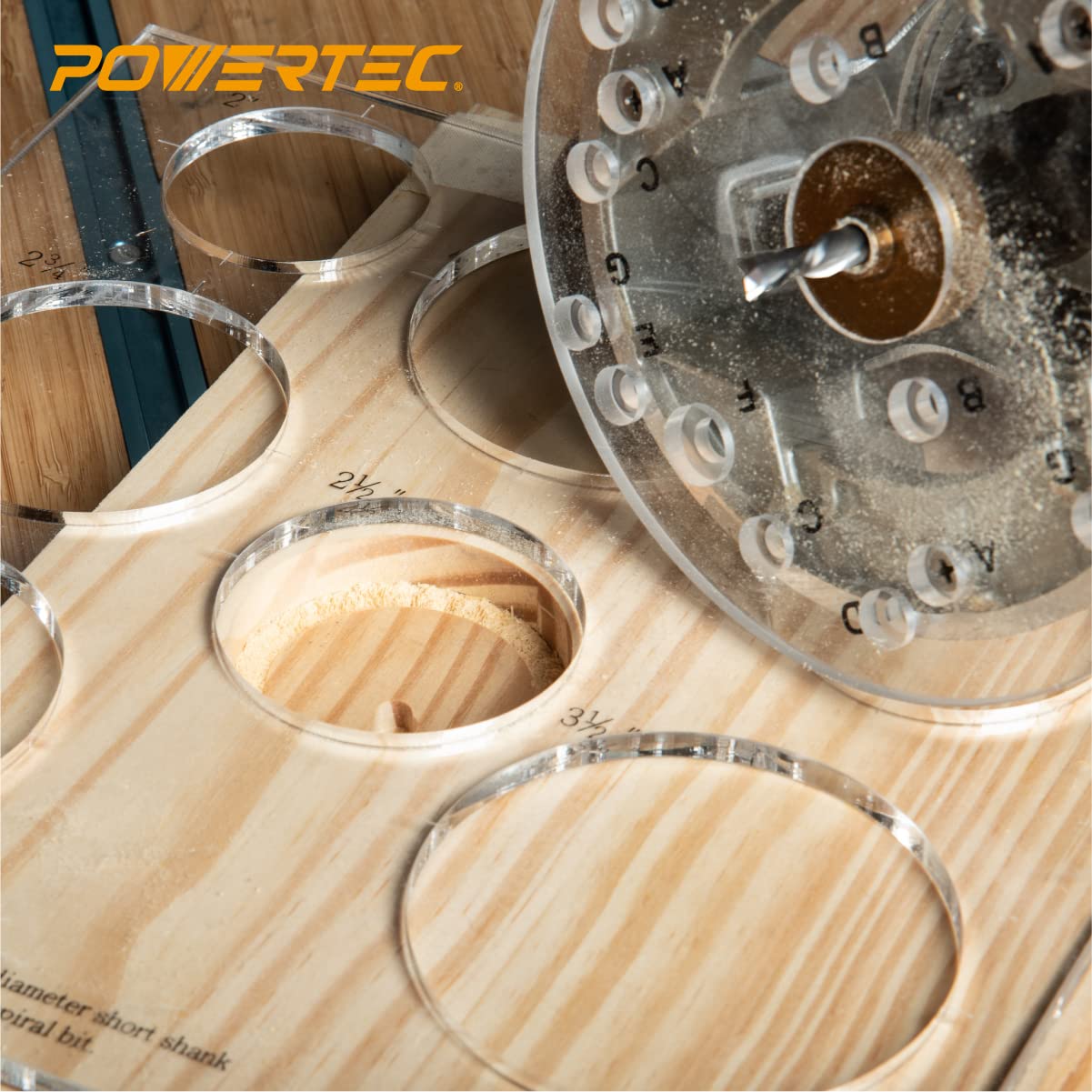 POWERTEC 71622 30,5 x 25,4 cm, zestaw 2 szablonów kół/przelotki, przezroczyste akrylowe szablony dekoracyjne do obróbki drewna