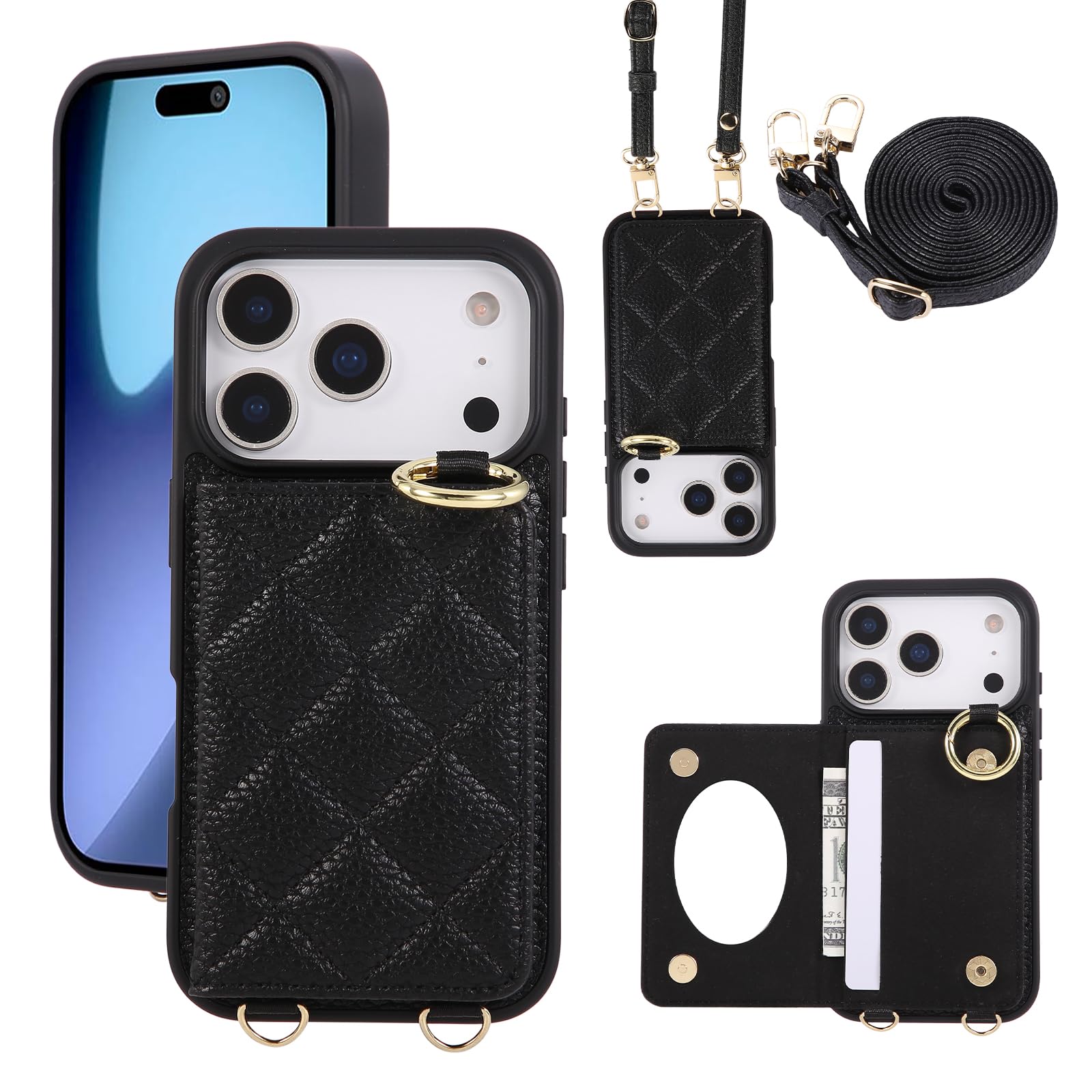 YDIJCYAN Handyhülle für iPhone 17 Pro Max Hülle mit Band+Ring+Schminkspiegel Stoßfest Handy Schutzhülle (Schwarz)
