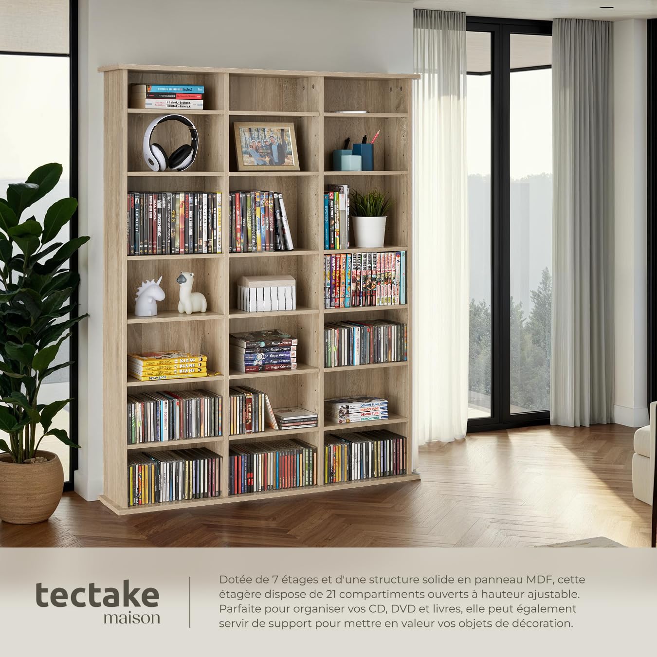 tectake® Étagère Bibliothèque Étagère Rangement CD/DVD pour 840 CDs - 105,5x19x136,5 cm Meuble de Rangement Moderne pour Rangement Bureau, Salon, Chambre, Etagere Rangement Meubles de Salon