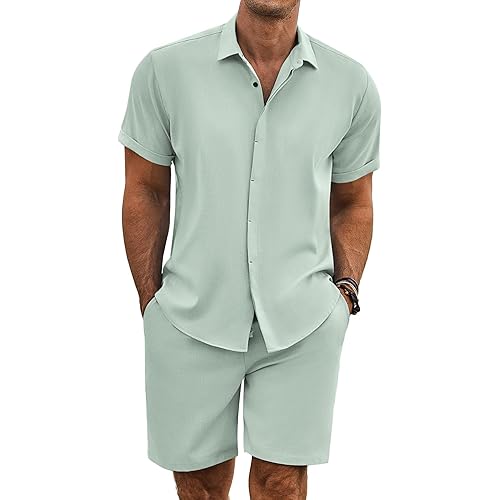 COOFANDY Men's Summer Beach Outfits 2 Piece Short Sleeve Shirts and Shorts Vacation Texture Linen Sets for Men