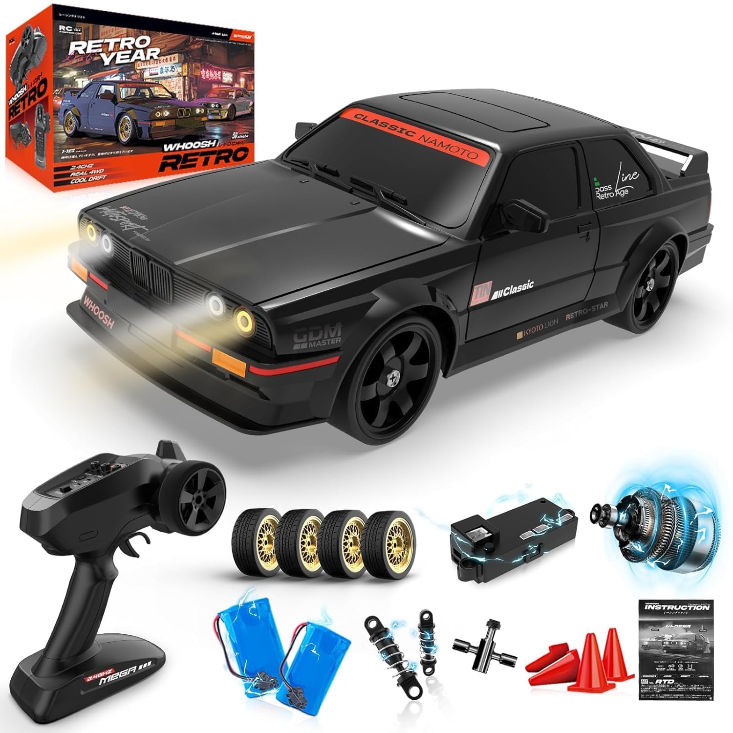 RTR Drifting RC Car with Gyro ESP 2.4GHz 1/16 Scale Fast Remote Control Cars 50KM/h 4WD Full Proportion High Speed Racing Vehicle with Lights Rechargeable Battery for Adults Boys Kids