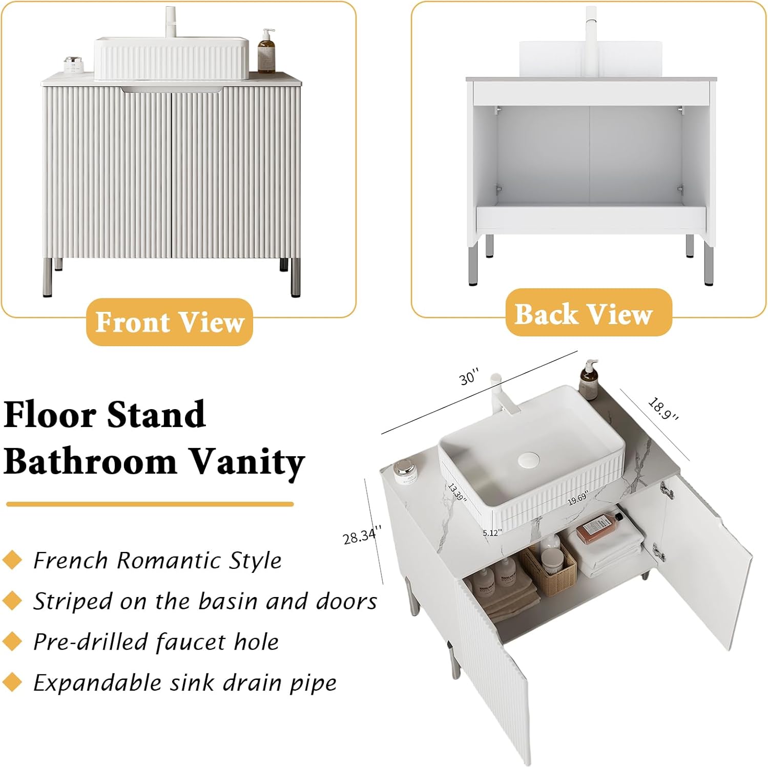 30" Bathroom Vanity with Sink Combo,Floor Stand Bathroom Storage Cabinet with 2 Doors,White Ceramic Basin and Sintered Stone Counter Top,Soft Closing White Bathroom Vanities Set(Faucet not included)