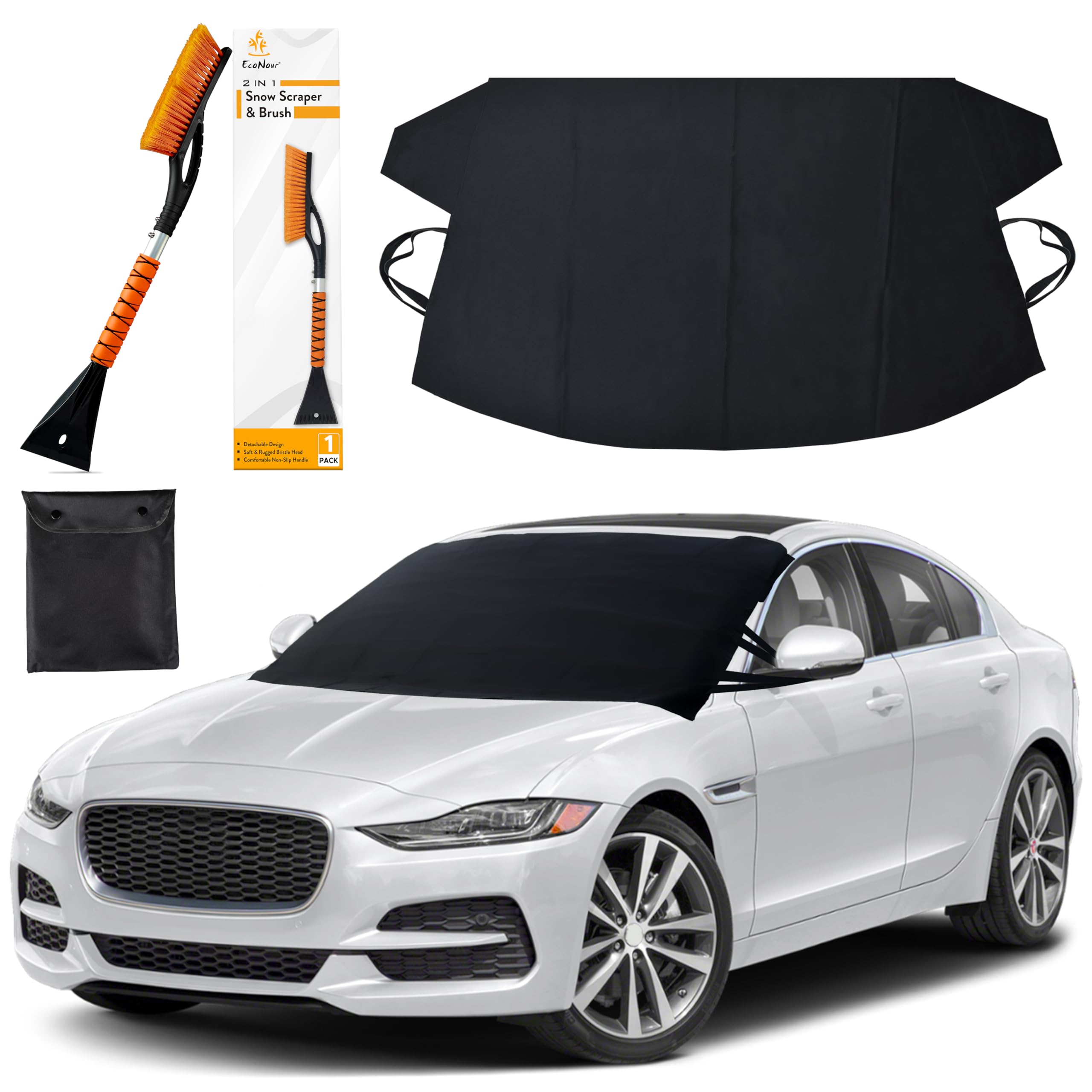 EcoNour Car Windshield Cover for Ice and Snow (69"x42") | Snow Brush and Ice Scrapers for Car (1 Pack) with Scratch Free Bristle Head | Winter Car Kit for Cars, Trucks, SUVs