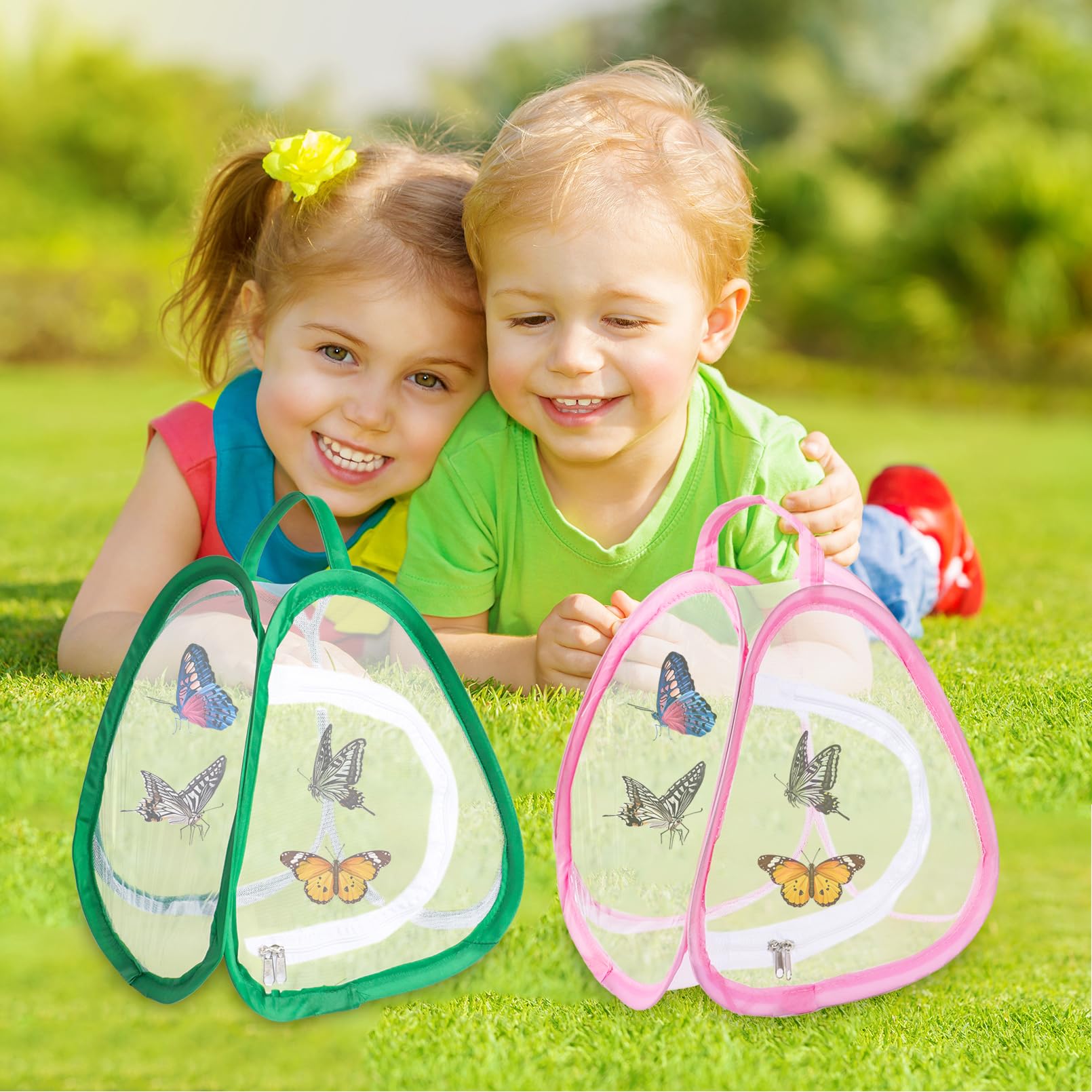 2 Stück Schmetterlinge Züchten Netz Kinder, Schmetterlingshaus Netz, Insekt und Schmetterling Lebensraum Käfig(Rosa, Grün)
