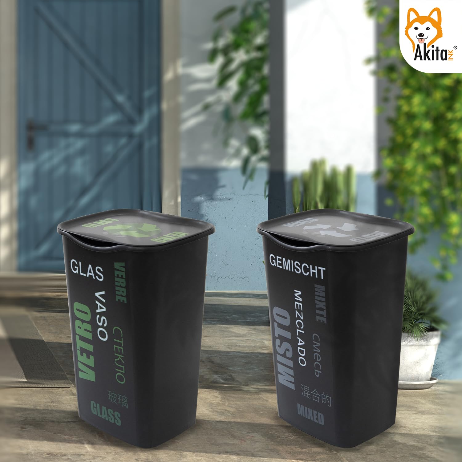 AKITAInk Set 4 Pattumiere Raccolta Differenziata con Coperchio - 50 Litri - AKIPOKERDESIGN con Scritte Carta, Plastica, Vetro, Misto | Design Funzionale e Capiente