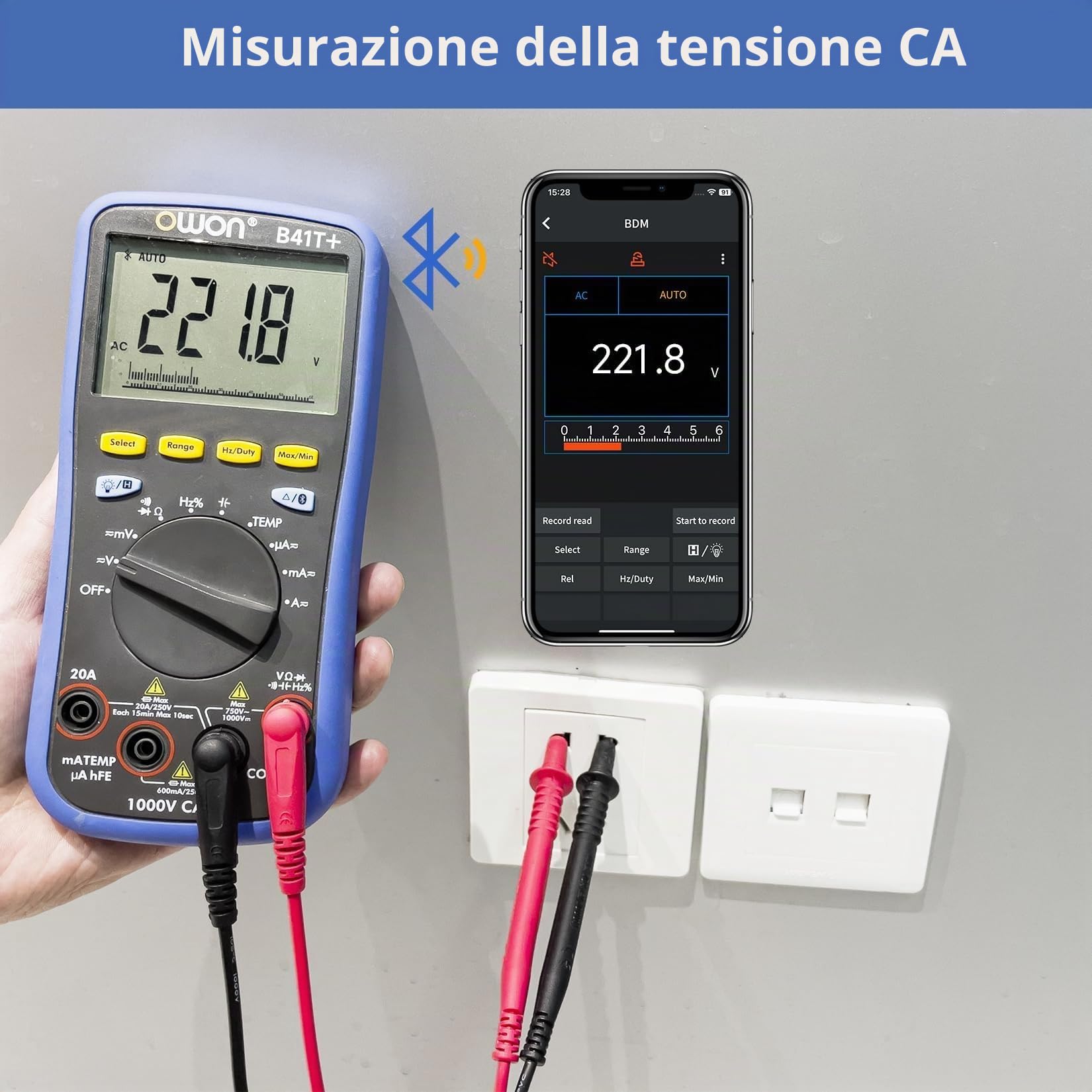 OWON B41T+ Bluetooth Multimetro Digitale Auto-ranging TRMS 22000 Conta Ohmmetro per Tensione AC/DC, Corrente, Resistenza, Continuità, Capacità, Diodi, Misurazione della Temperatura, Voltmetro
