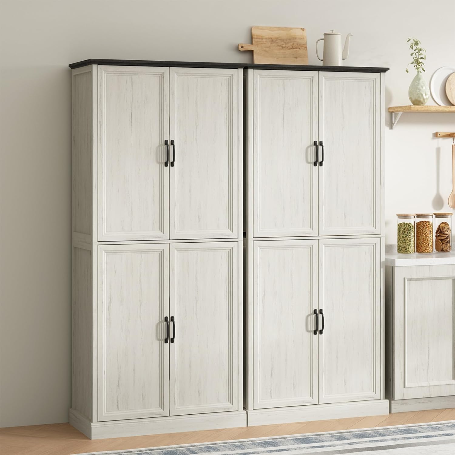 71'' Tall Pantry Cabinet Set of 2, Farmhouse Kitchen Pantry Storage Cabinet with Barn Door and Adjustable Shelves, Rustic White Wood Freestanding Cupboard for Kitchen, Dining Room