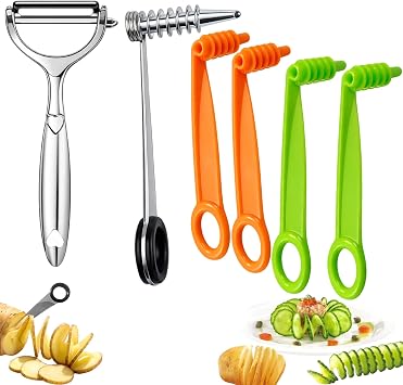 6 Pcs Spiral Cutter Knives, Piranha Spiral Cutter, Potato Cutters Peelers, Stainless Steel&Plastic Flower Curler, Manual Spiral Slicer for Boiled Eggs, Tomato, Zucchini, Vegetables
