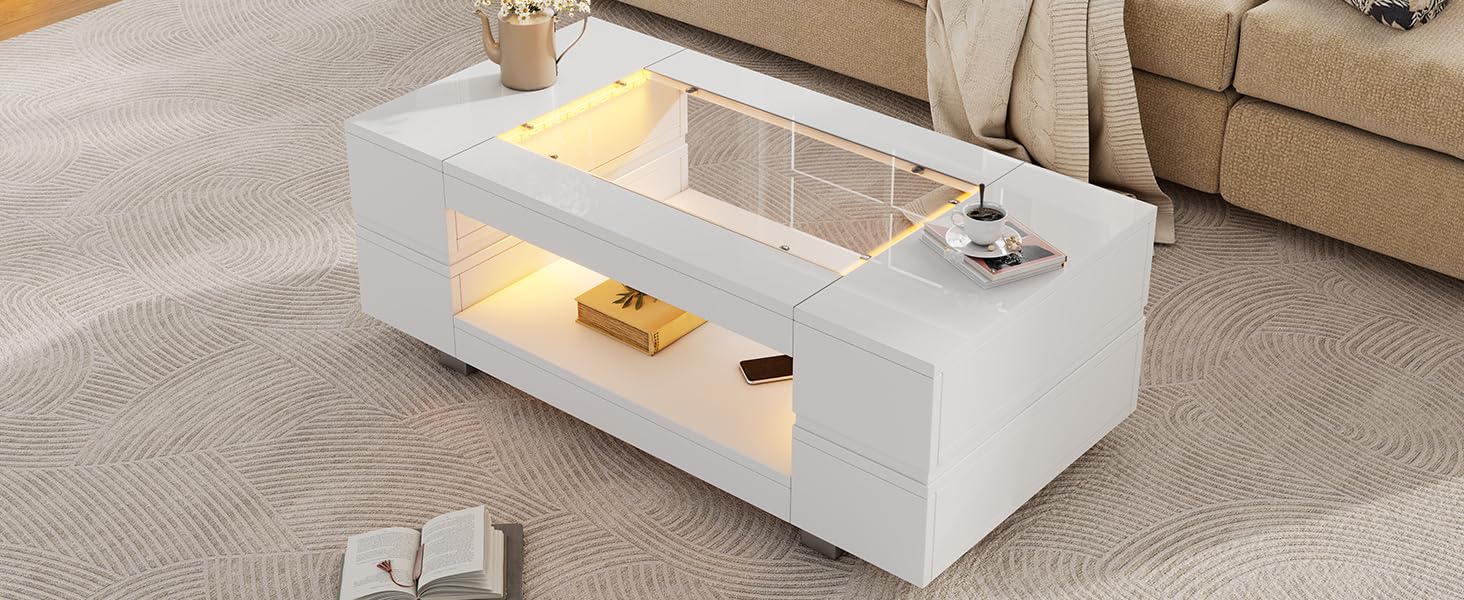 Mesa de centro de alto brillo Homgoday con tapa de vidrio templado