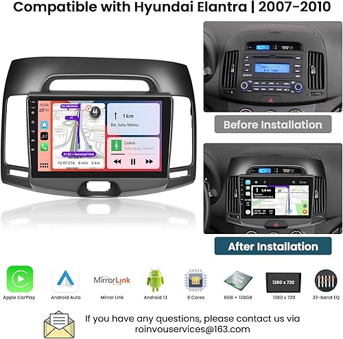 Miniatura 9 de Roinvou 2+64G Android 13 CarPlay estéreo para Hyundai Elantra 2007-2010, radio CarPlay inalámbrica con Android Auto, pantalla táctil de 9 pulgadas