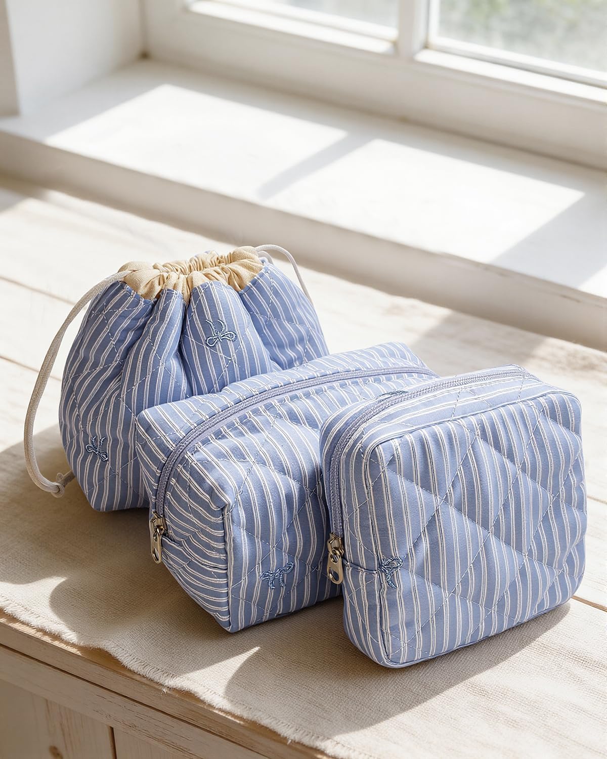 LETGO Cotton Quilted Drawstring Makeup Bag Set,3 Pcs Quilted Makeup Bag Set,Coquette Aesthetic Cute Travel Toiletry Bag,Drawstring Gift Bag Purse Pouch for Women and Girls. (3Pack-Blue double stripe)