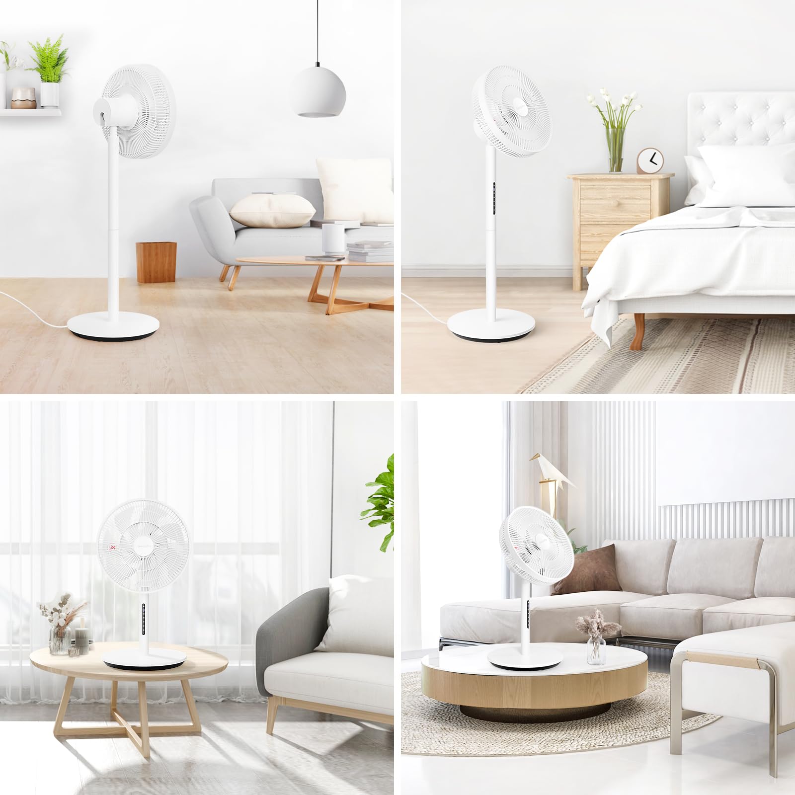 LeaderPro Ventilateur sur Pied Silencieux 12,8 dB avec Télécommande, Débit d'Air de 1980 m³/h, Double Lames Puissantes, Oscillation 120°, 8 Vitesses, Minuterie 8 h, Hauteur Réglable, Moteur DC, Blanc