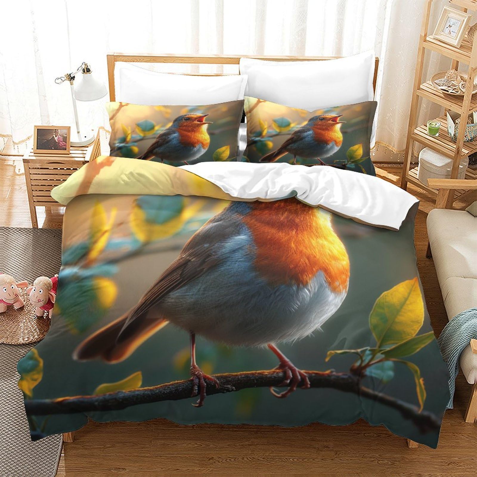 Sets de housses de couettes 3 pièces grand lit motif oiseau robin 260x220cm